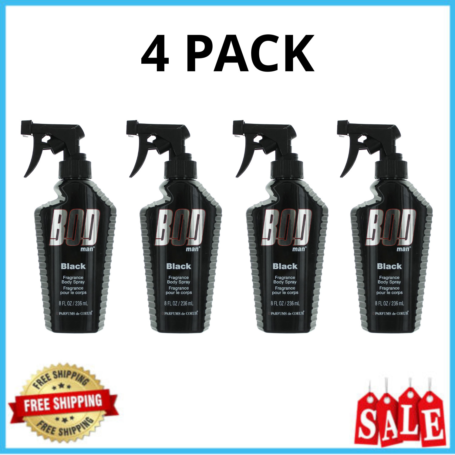 BOD Man Black Fragrance Body Spray, 8 oz, 4 Pack
