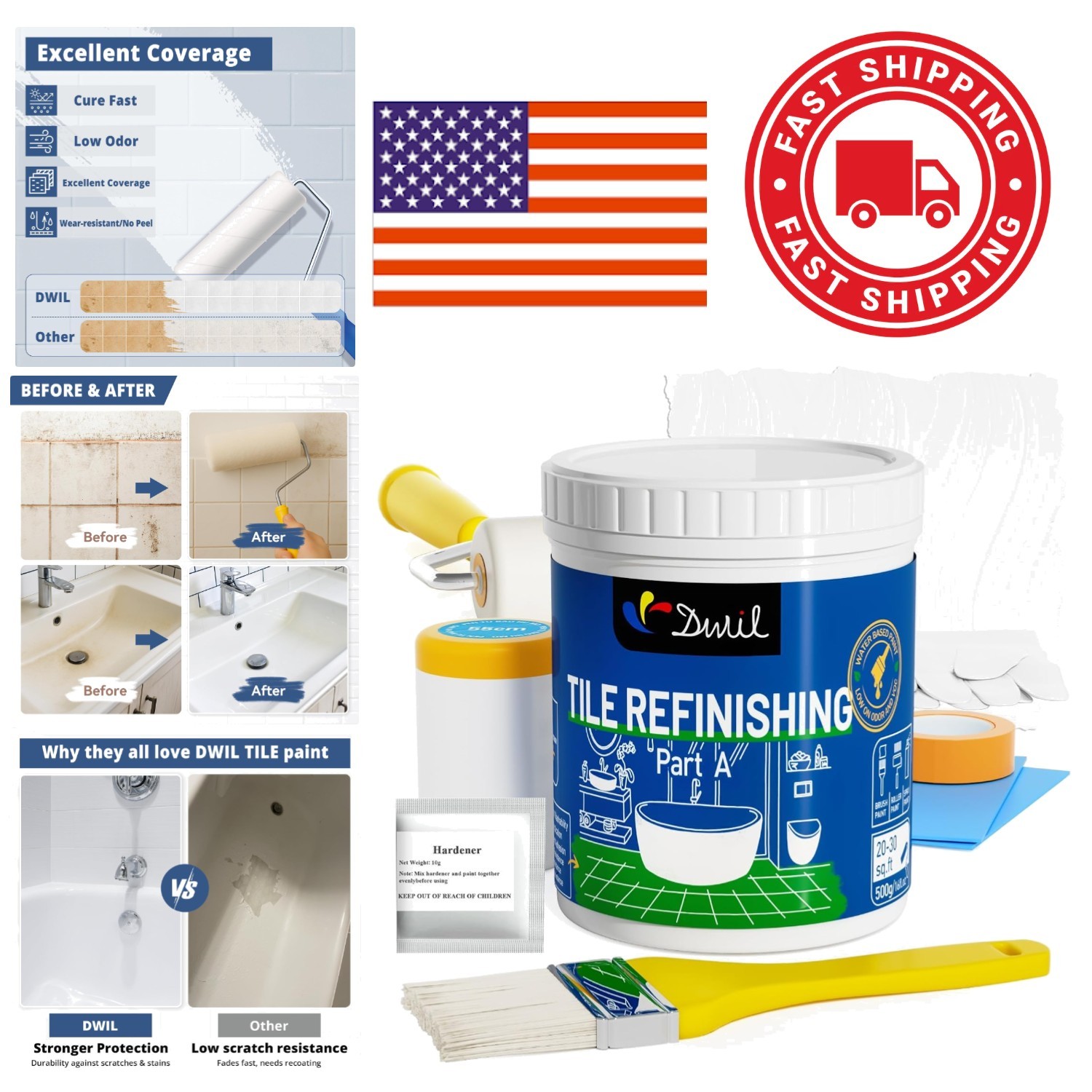 Tub Refinishing Kit 17oz White Water Based Paint Low Odor for Bathroom Use
