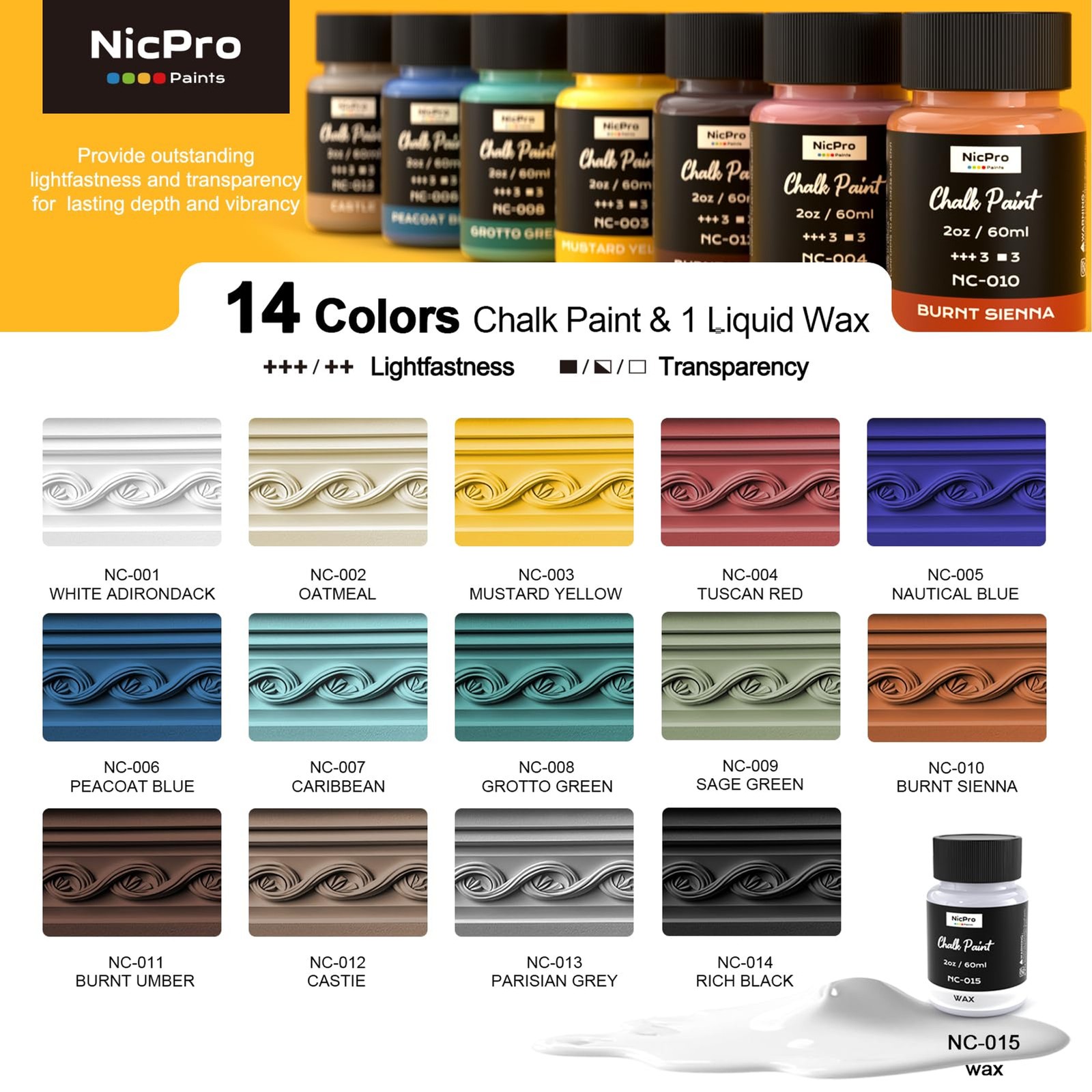 Nicpro 14 Colors Chalk Paint for Furniture, 2 fl oz (60ml) Ultra Matte Finish Ac