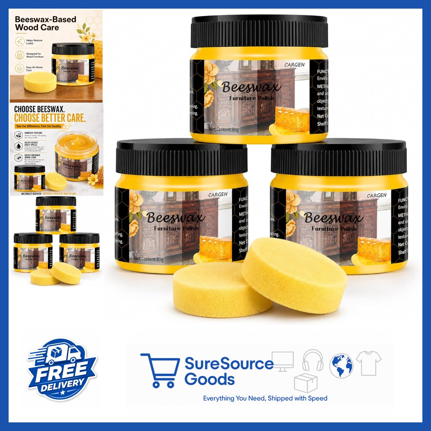 Beeswax Wood Polish 3PCS Furniture Conditioner Cleaner for Cabinets Tables