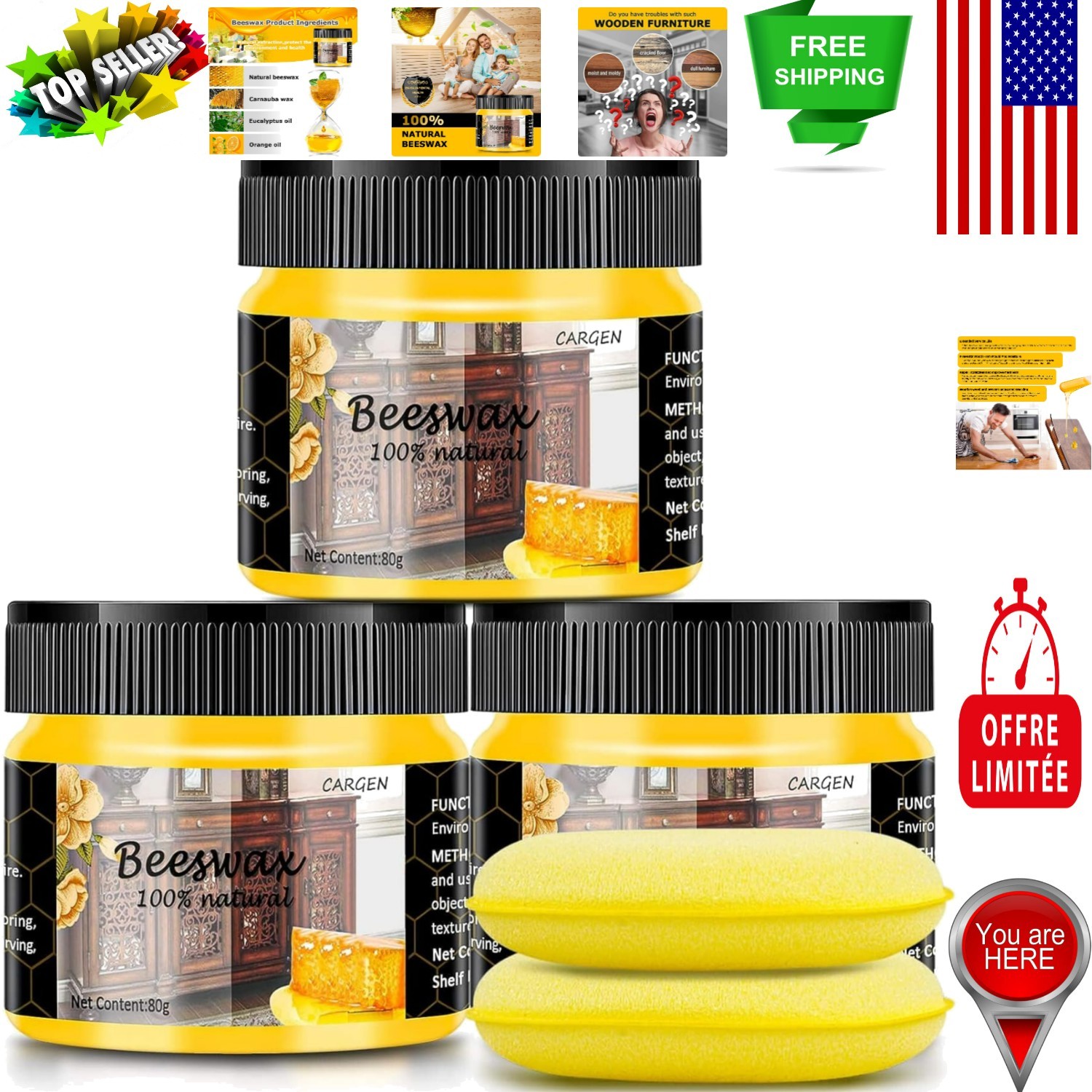 Multipurpose Beeswax Polish – Revive Furniture & Floors with 3 Pack & Sponges