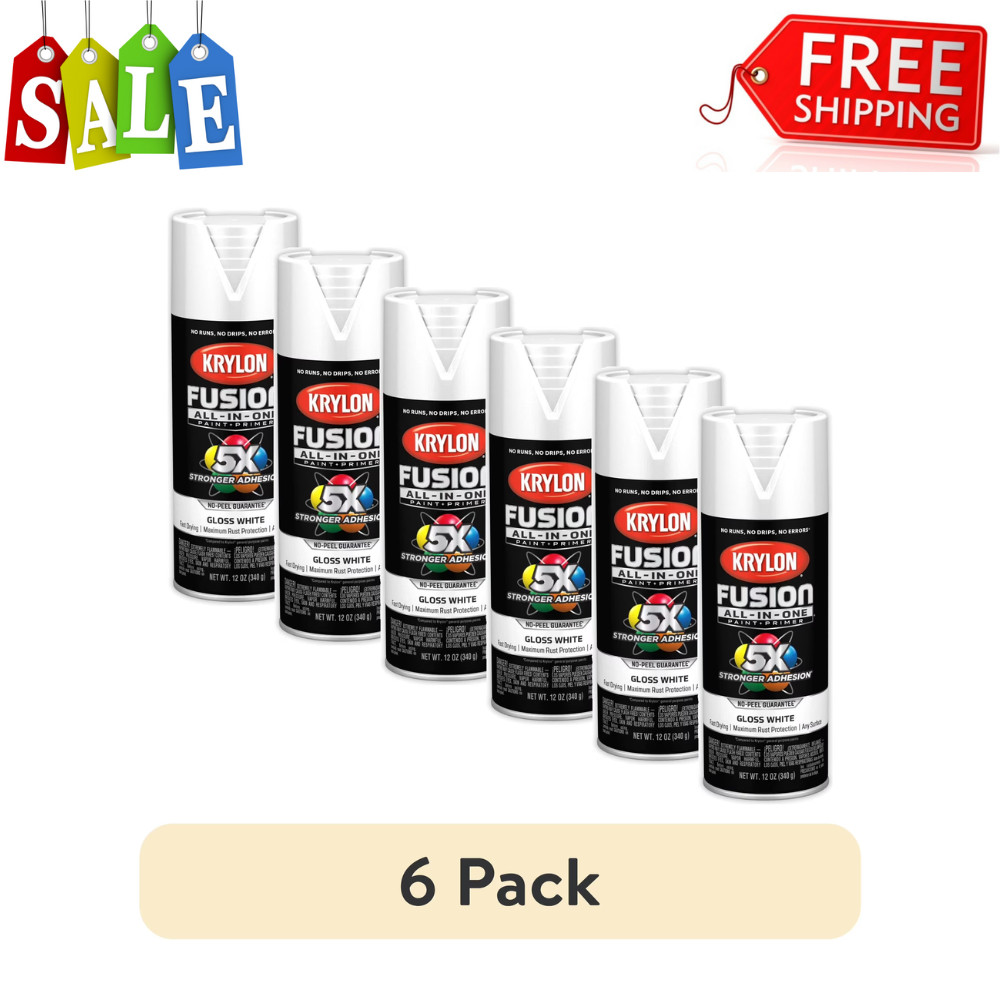 Krylon Fusion All-In-One Spray Paint White Gloss, 12 oz, Multi-Surface, 6 Pack