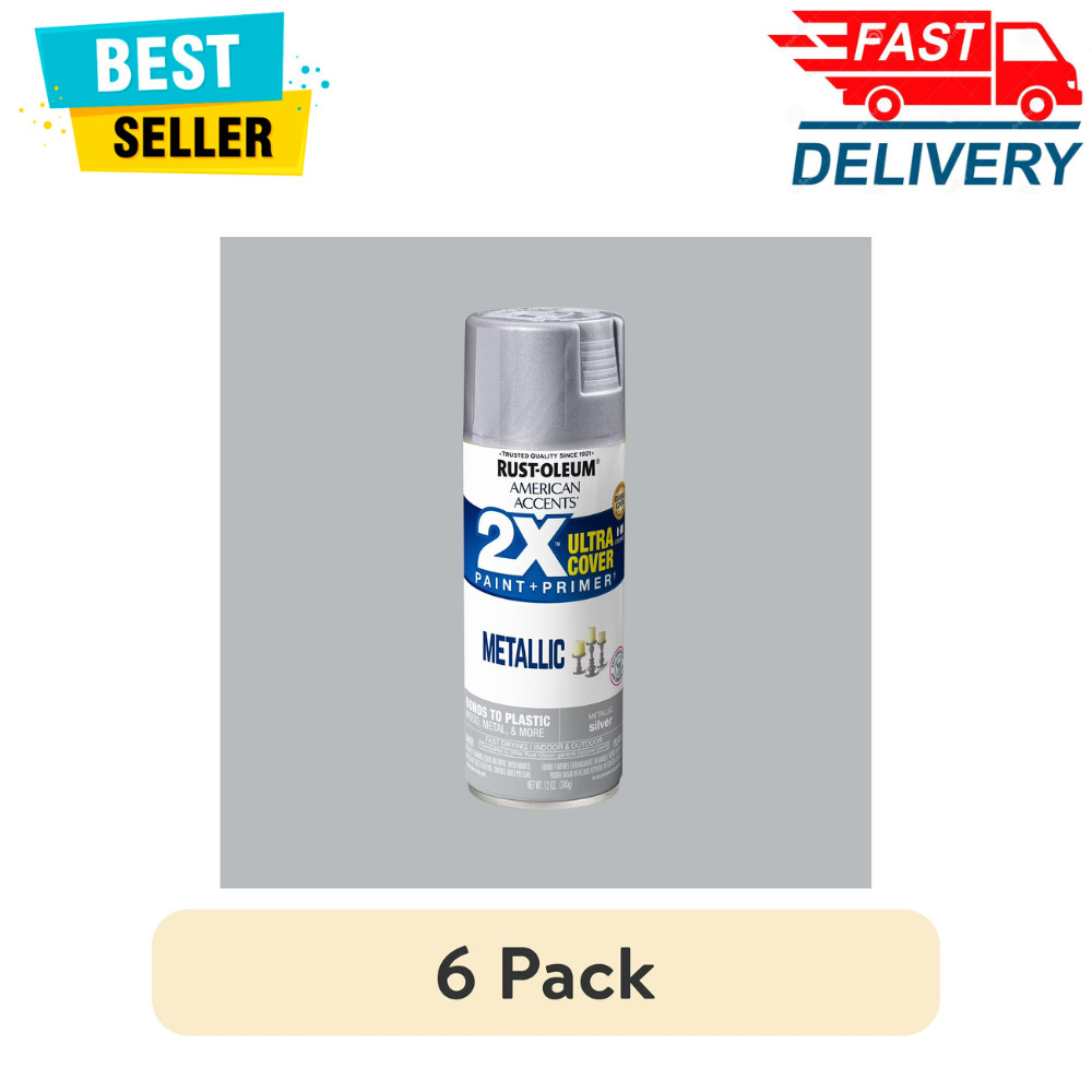 6 Pack Rust-Oleum Silver Metallic Spray Paint, American Accents 2X Ultra, 12 oz