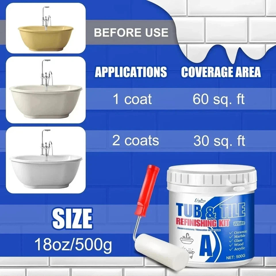 Tub and Tile Refinishing Kit – 17Oz Semi-Gloss White Tile Paint with Tools for B