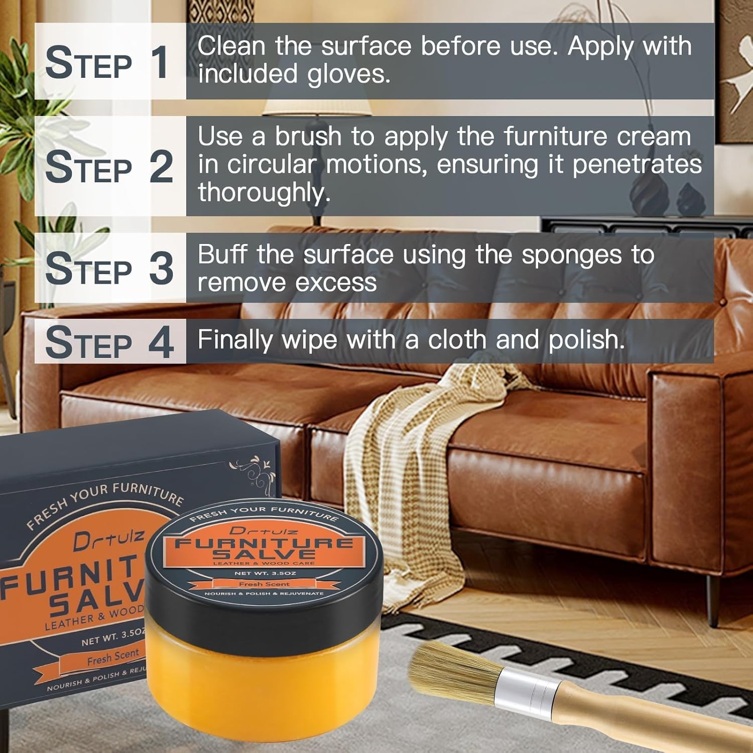Furniture Salve with Beeswax & Orange Oil for Leather, Wood, Vinyl – 3-in-1 P…