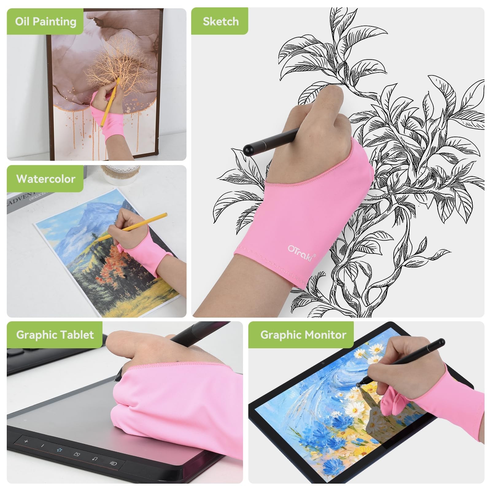 OTraki Drawing Glove 4 Pack Artist for Tablet with Medium, Pink