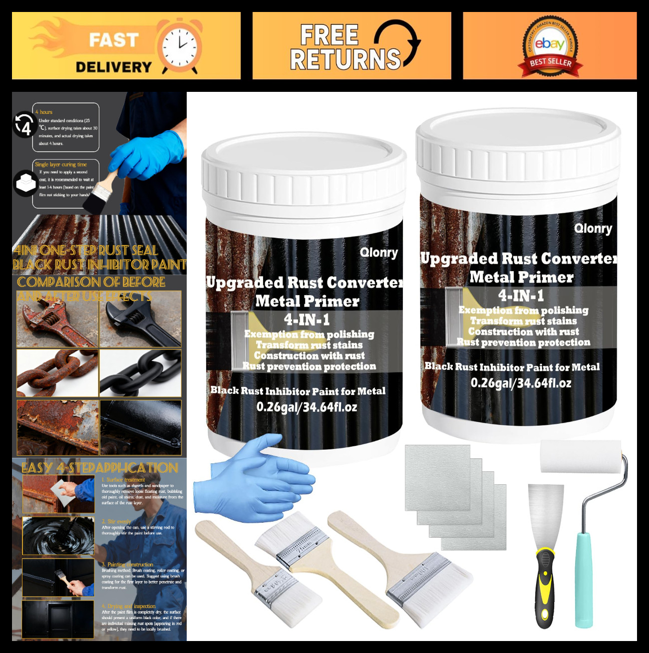 4-in-1 Rust Converter & Metal Primer, 0.52 Gal Black Rust Inhibitor Paint, Heat