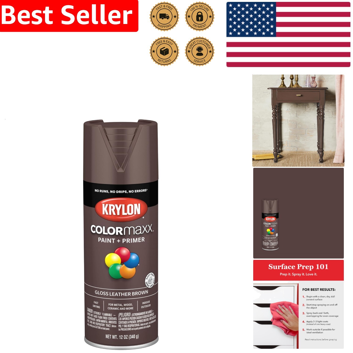 Krylon Colormaxx Spray Paint Primer Gloss Leather Brown 12oz Indoor Outdoor R…