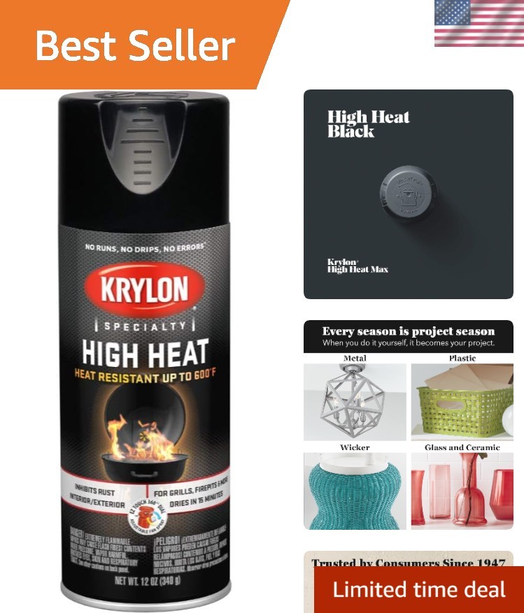 Krylon High Heat Black Spray Paint, 12oz – Fast Dry, Scratch Resistant Finish