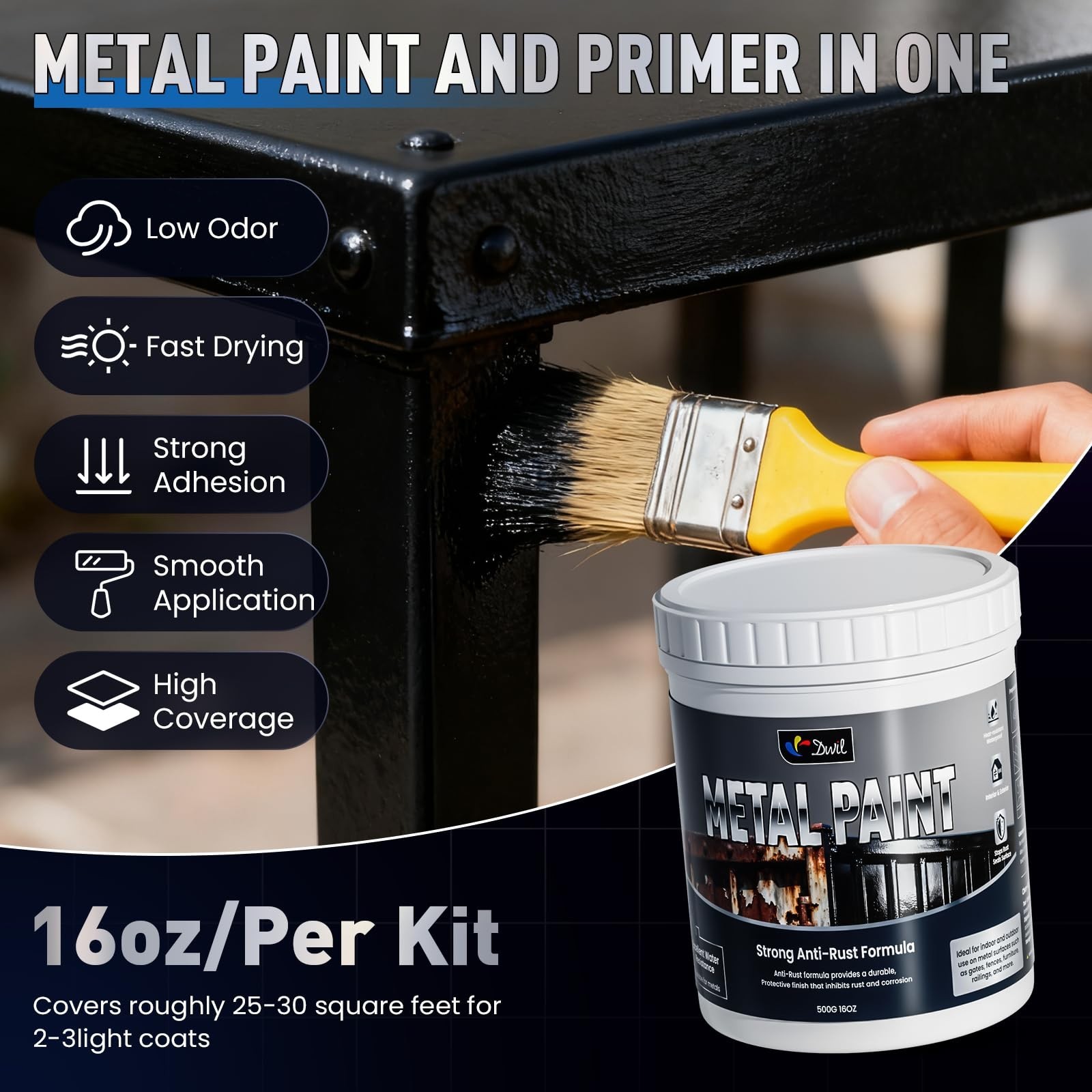 Waterproof Anti-Rust Metal Paint – Black, 32oz for Gates, Fences, Furniture, Cra