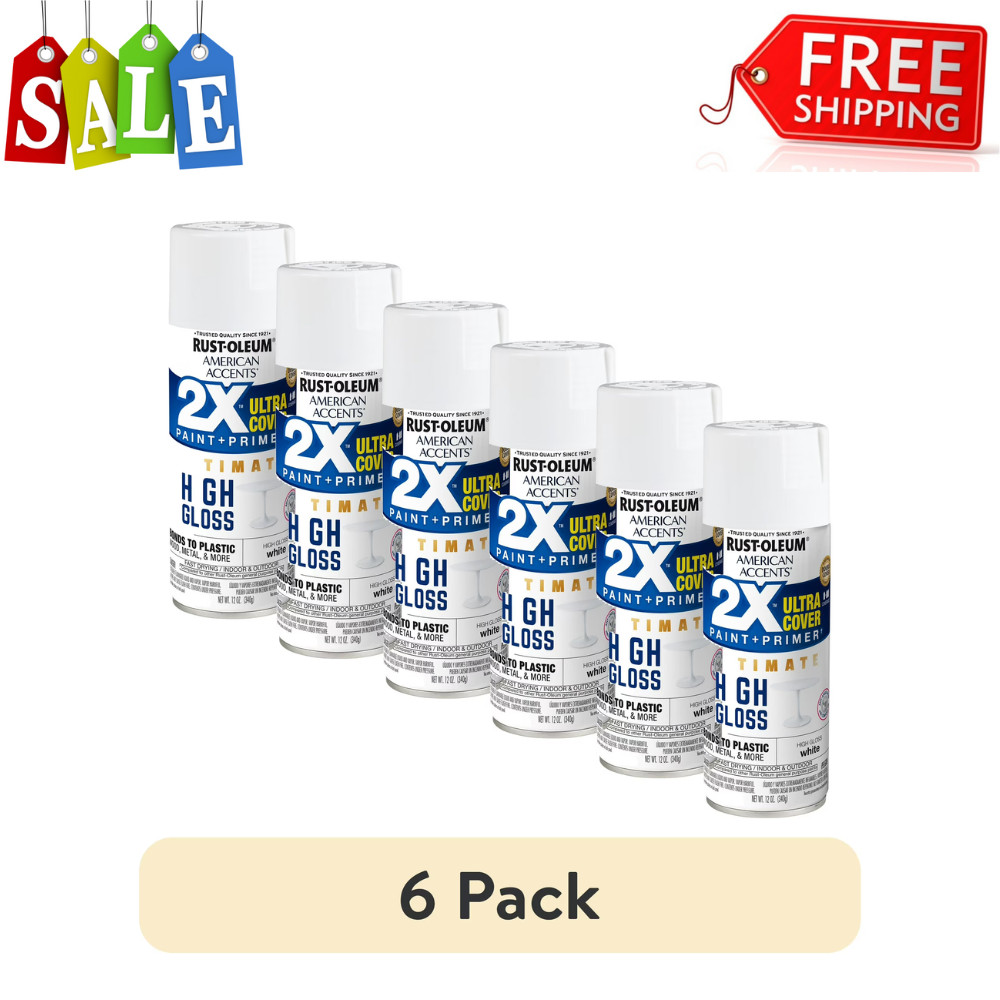 Rust-Oleum White Spray Paint, 2X Ultra Cover High Gloss, Multi-Surface, 6 Pack