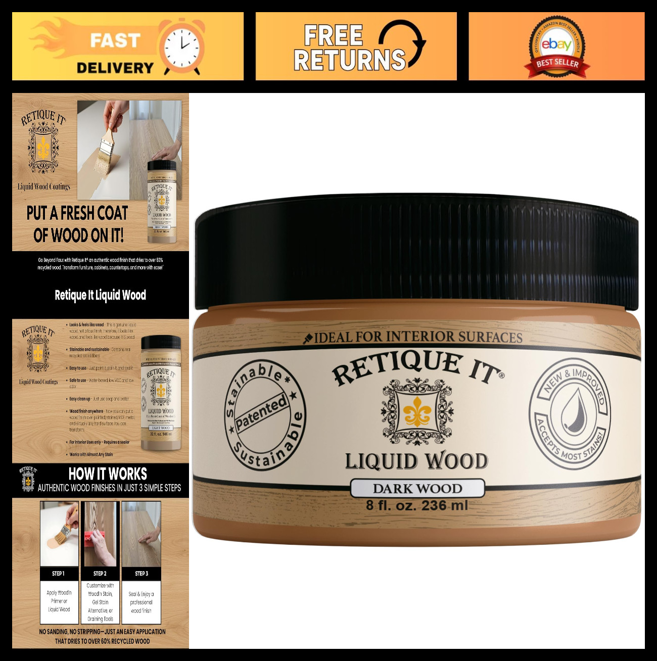 Liquid Wood Coatings – Stainable Primer for DIY Projects – Dark Wood Finish, Sma