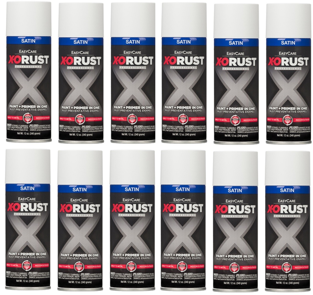 X-O Rust XOP31-AER Satin White Anti-Rust Enamel Spray Paint + Primer – 12 Pack