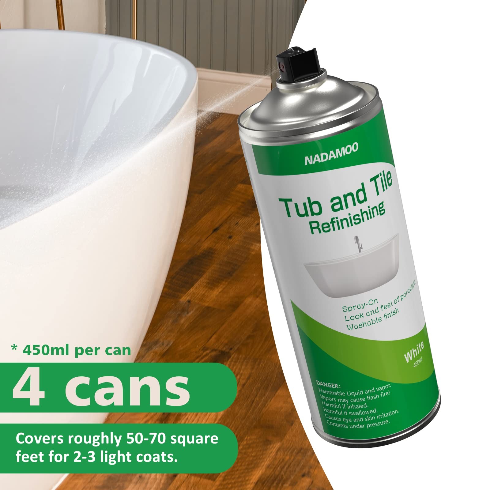 NADAMOO Tub and Tile Spray Paint White, 450ml, 4 12 Ounce (Pack of 4), White