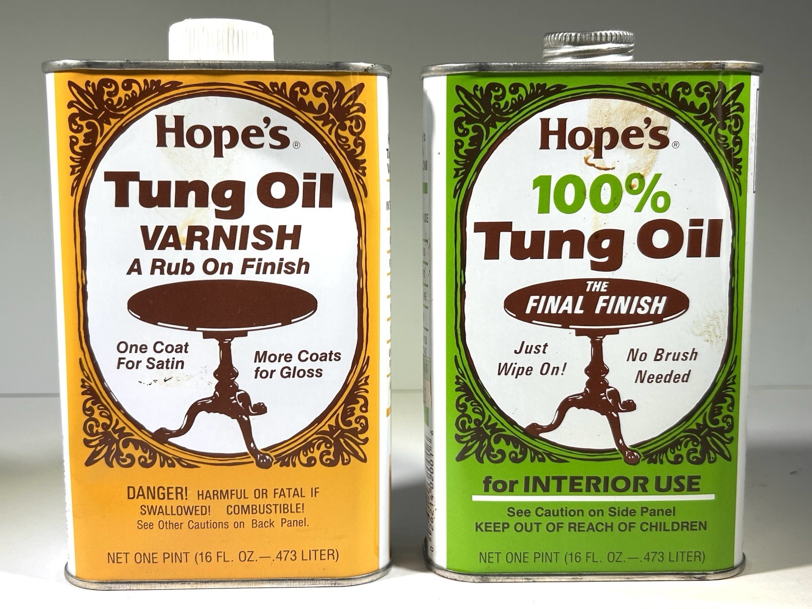 Hope’s 100% Tung Oil & Tung Oil Varnish • 16oz Cans Each • Wood Furniture Finish