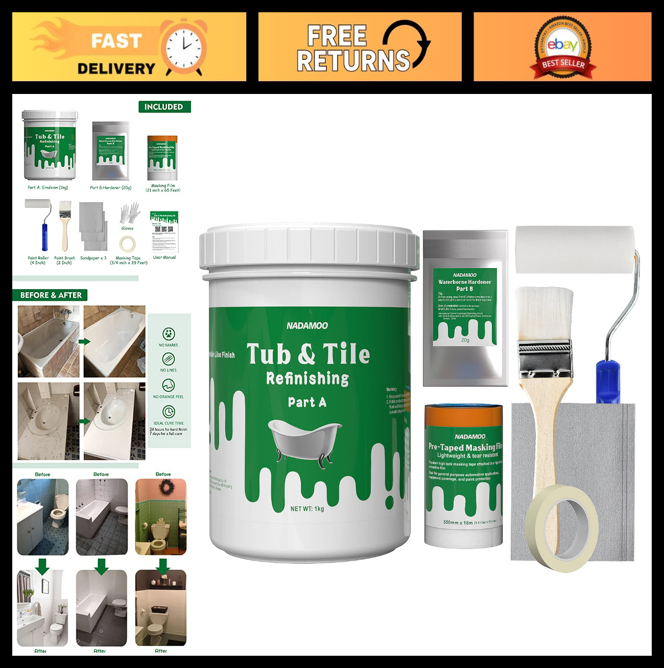 DIY Tub and Tile Refinishing Kit – 1kg, Bathtub Sink Countertop Paint, Semi-Glos