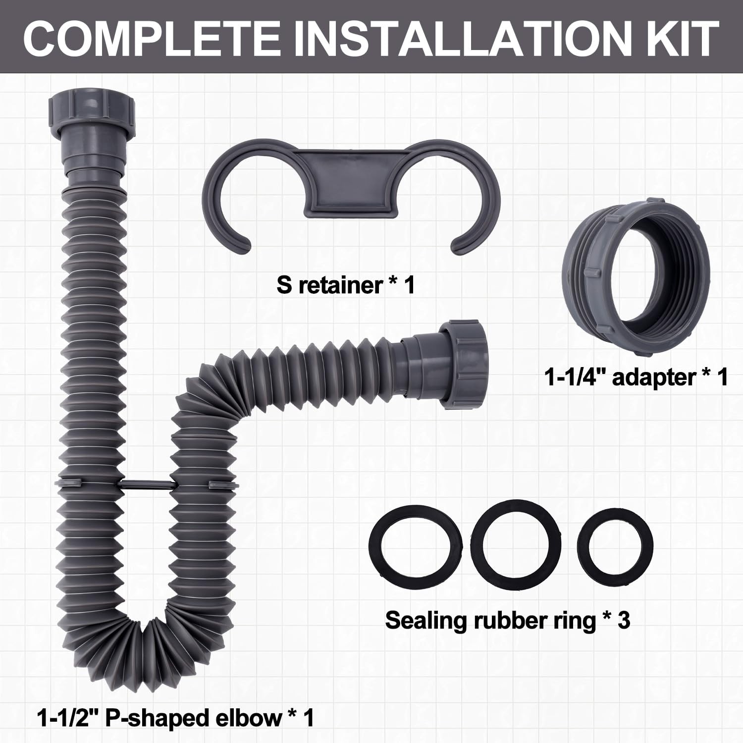 Sink Drain Kit, 1-1/2 Inch Expandable Flexible P-Trap 7.5 M, black,gray