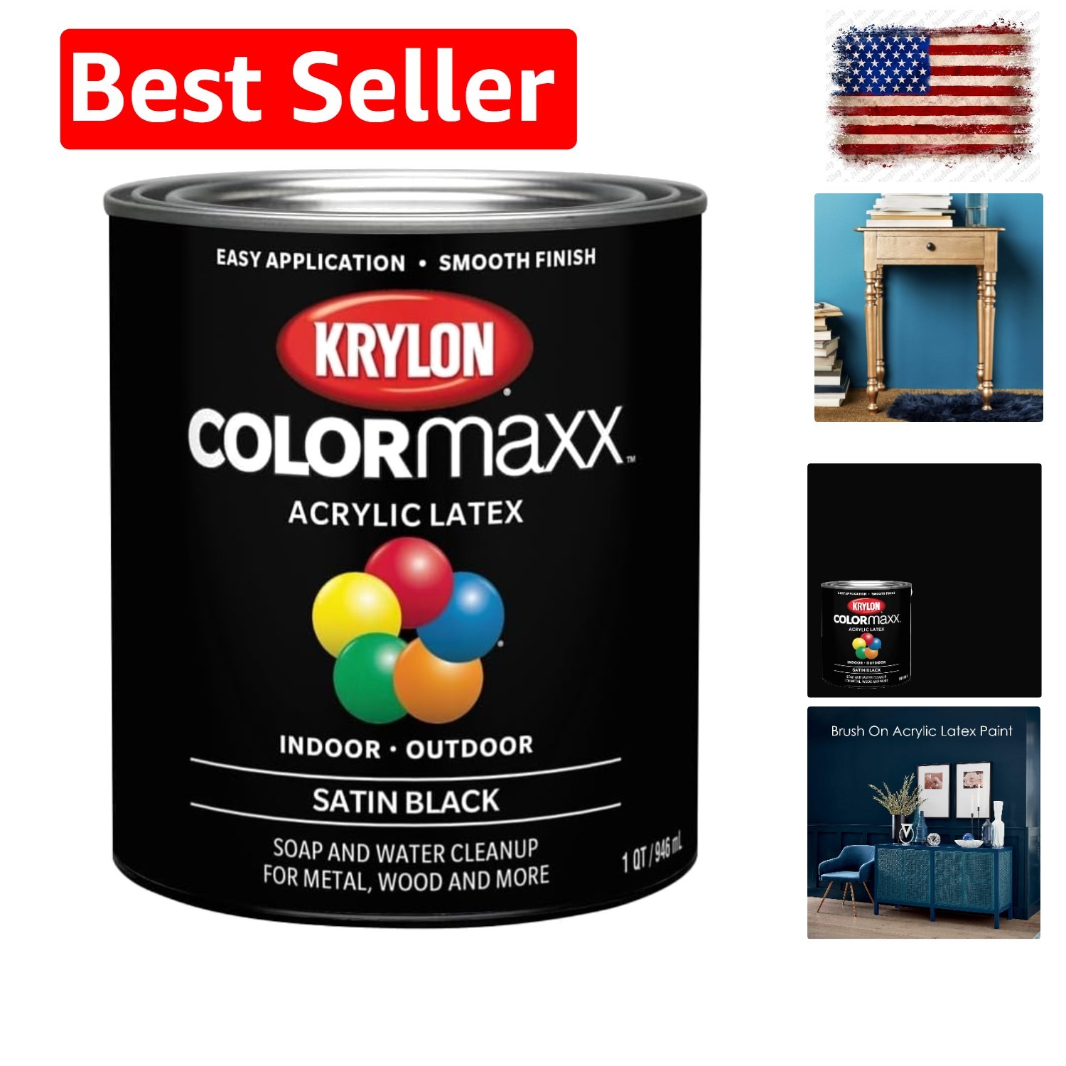 ColorMaxx Satin Interior/Exterior Acrylic Latex Paint, Black, 1 Qt. – 1 Each