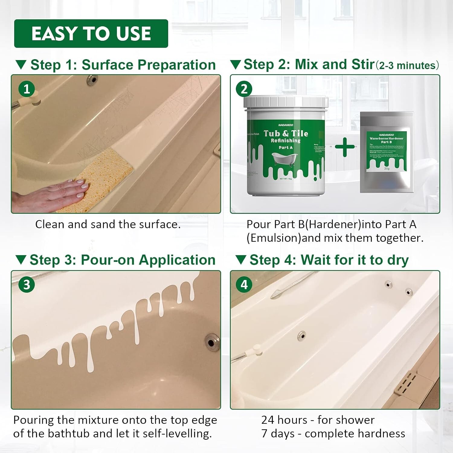 Tub Refinishing Kit 1kg Semi-gloss White DIY Paint Tools Bathroom Kitchen Use
