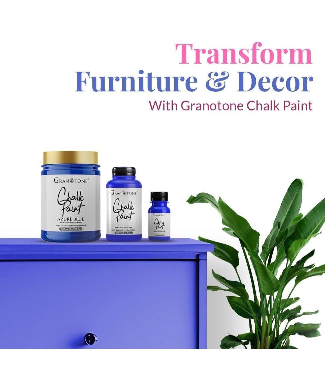GRANOTONE 3pk Chalk Paint Furniture, Matt-Finish Water-Based Acrylic Azure Blue