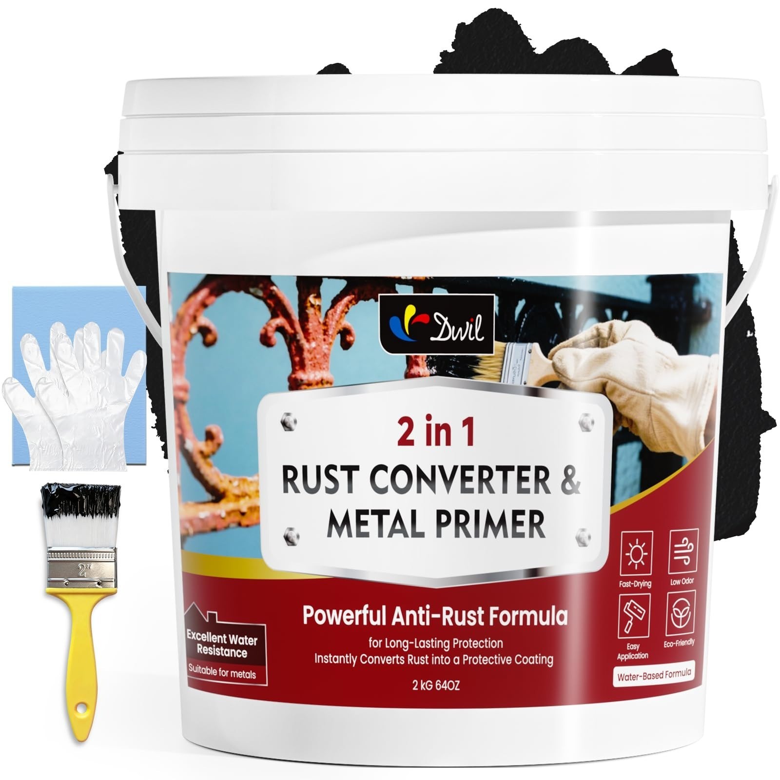DWIL Rust Converter Paint & Primer, 32 oz, Black, Fast-Drying, Low VOC