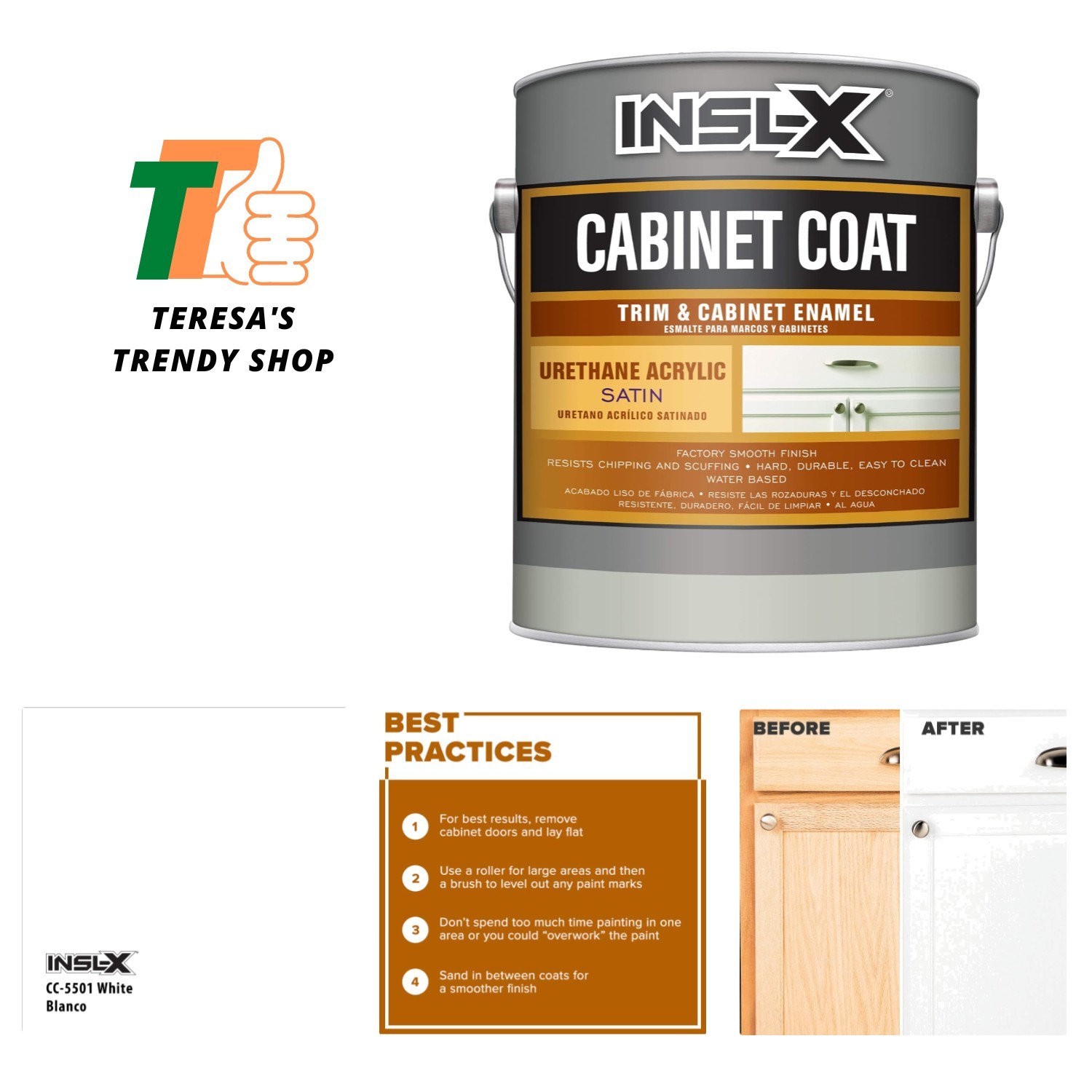 Cabinet Coat Enamel, Satin Sheen Paint, 1 Gallon, White, 128 Fl Oz Pack of 1