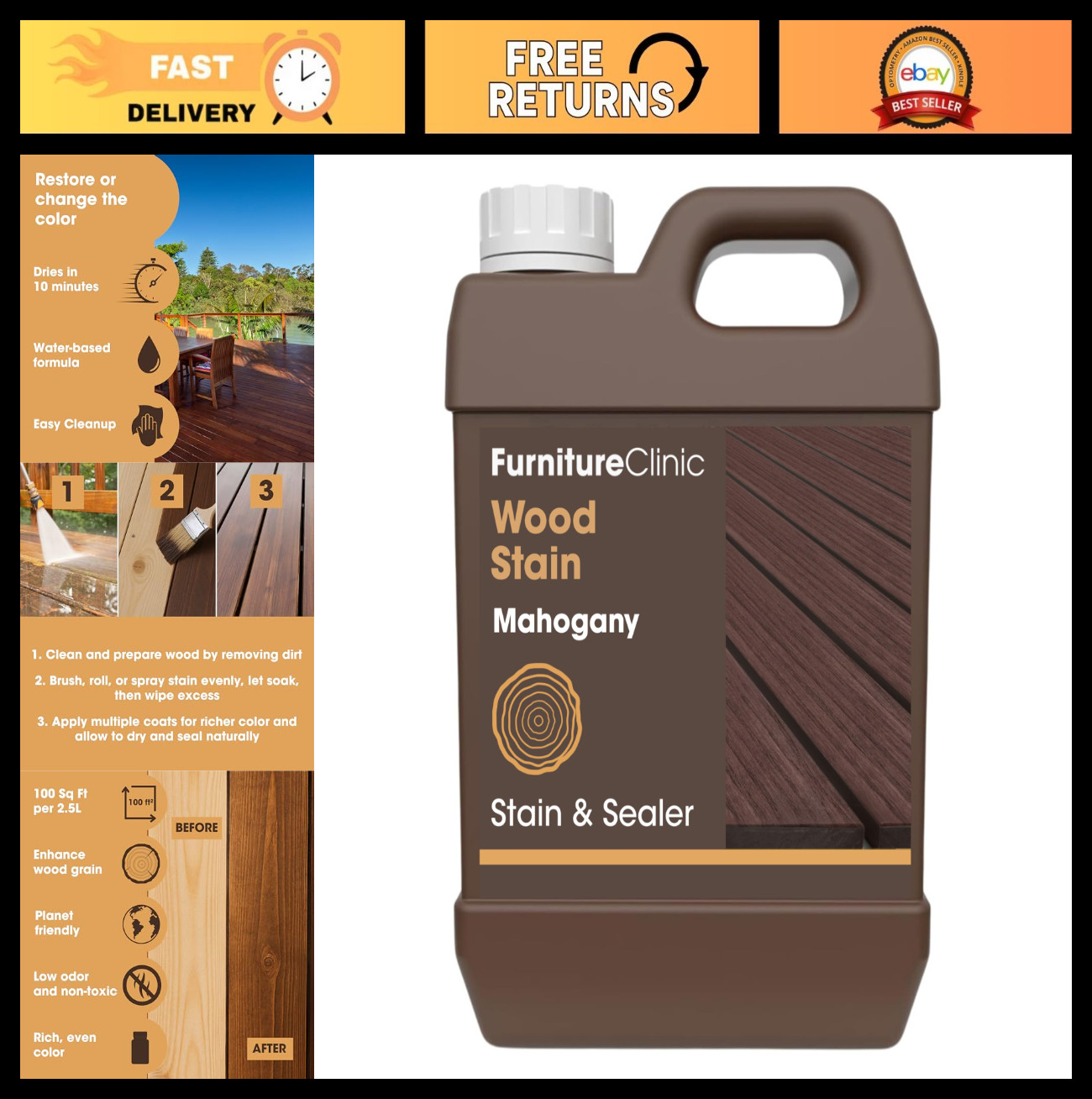 Water-Based Wood Stain – Fast Drying, Low Odor, Non-Toxic – Multiple Finishes fo