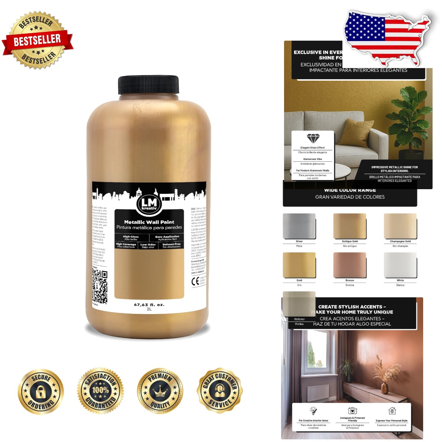 Luxury Antique Gold Metallic Paint – 67.6oz, Easy Apply, Rust Resistant Finish