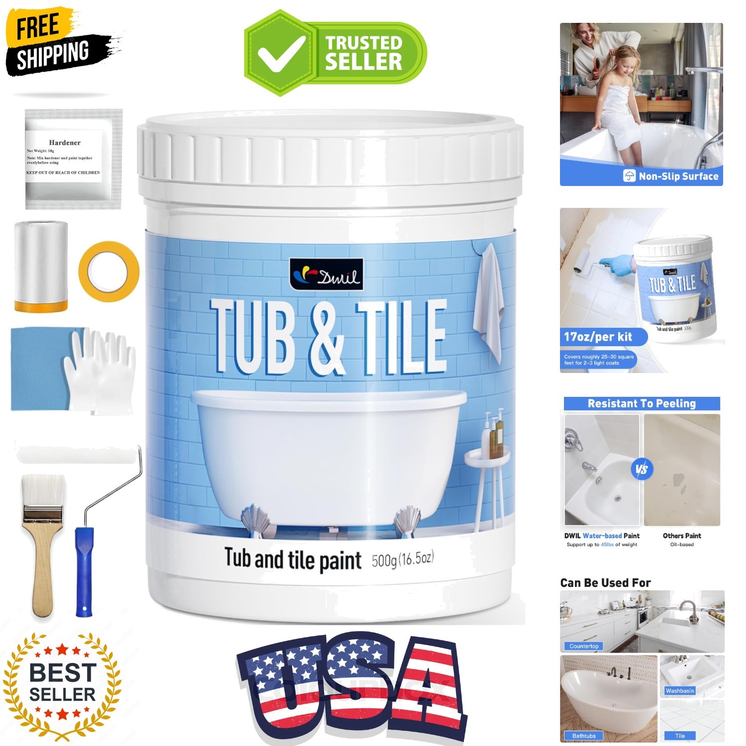 Tile Paint, Tub and Tile Refinishing Kit with Tools, Water-based Bathtub Pain…
