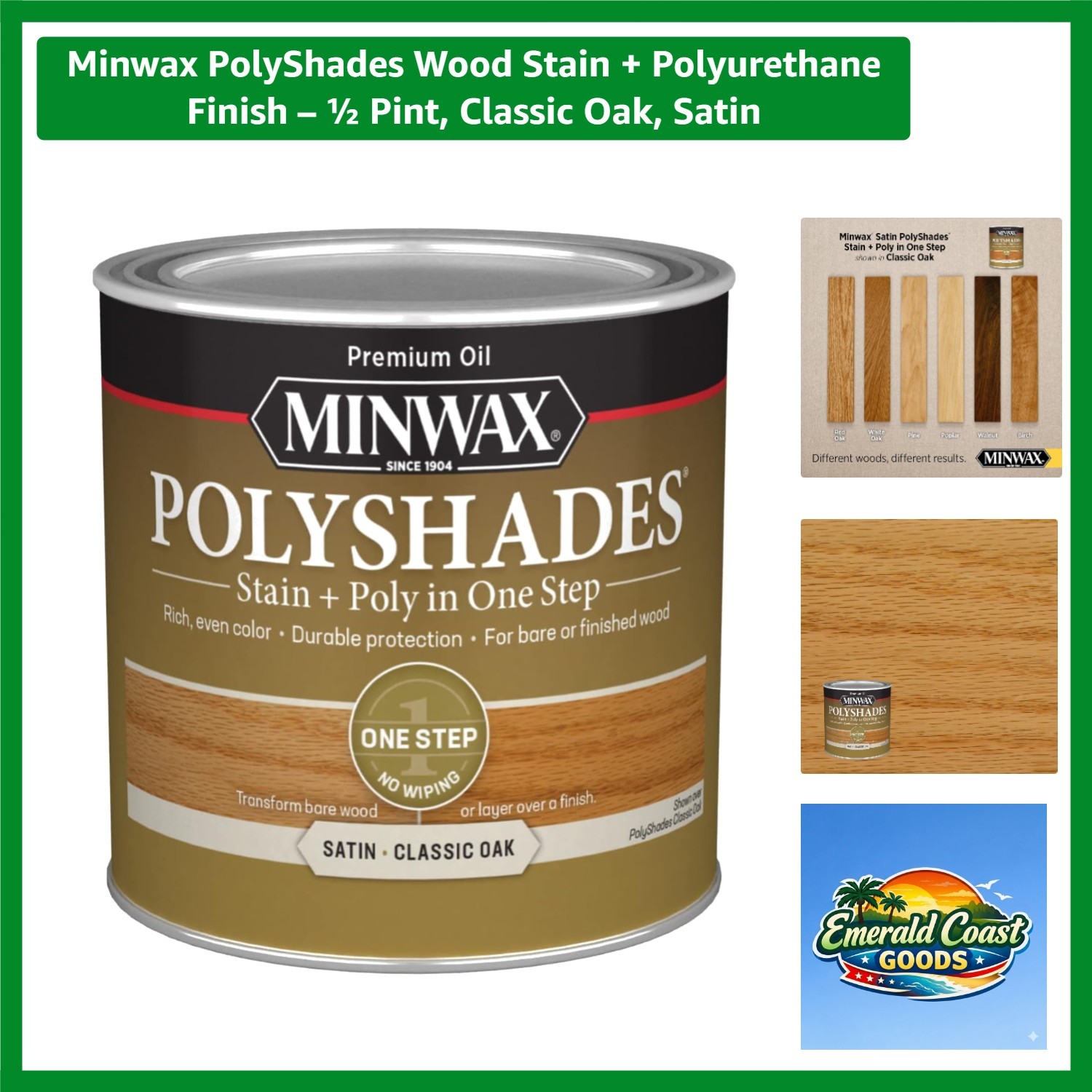 PolyShades Classic Oak Wood Stain + Polyurethane Finish – ½ Pint, Satin Sheen