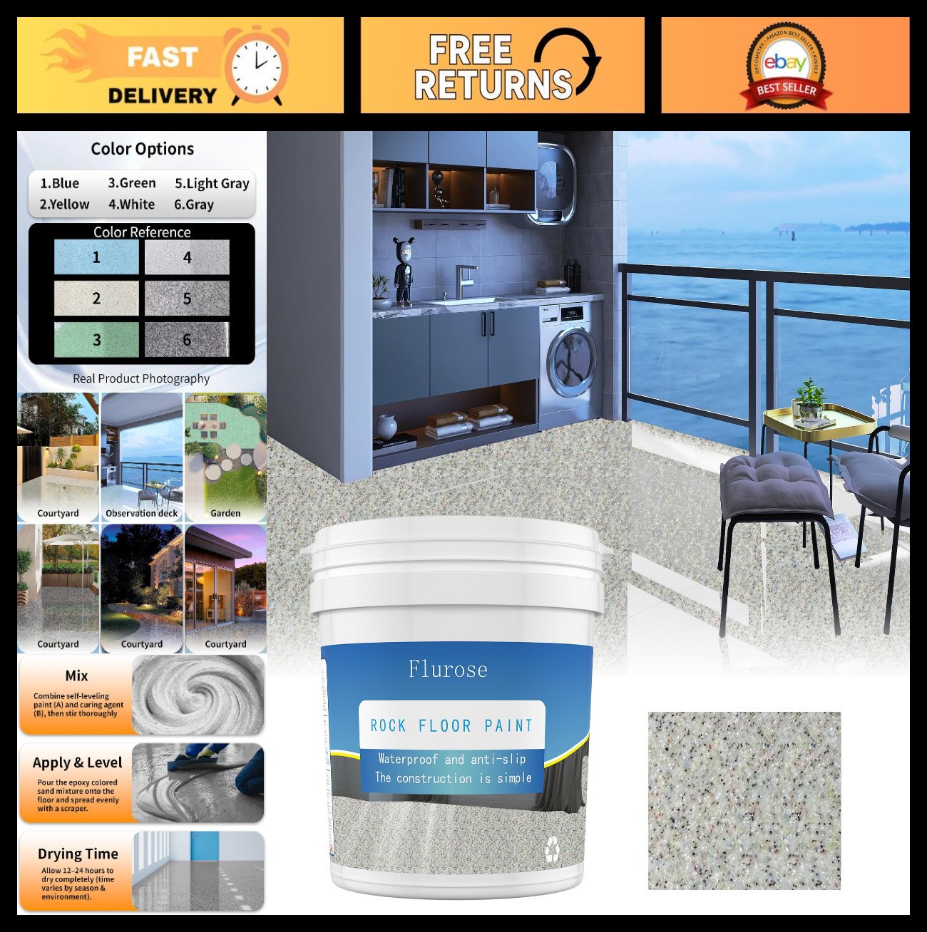 High-Gloss Epoxy Colored Sand Floor Paint, Self-Leveling Coating, Non-Slip Finis