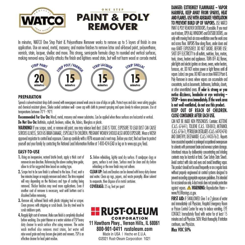 One Step Paint and Poly Remover Quart Wood Finish Stripper Fast Acting