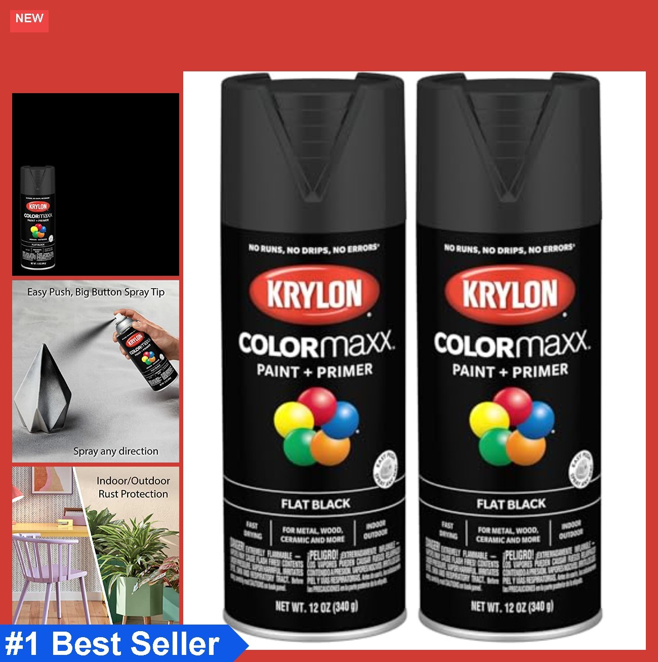COLORmaxx Indoor/Outdoor Flat Black Spray Paint – Rust-Resistant, 12oz x 2 Cans