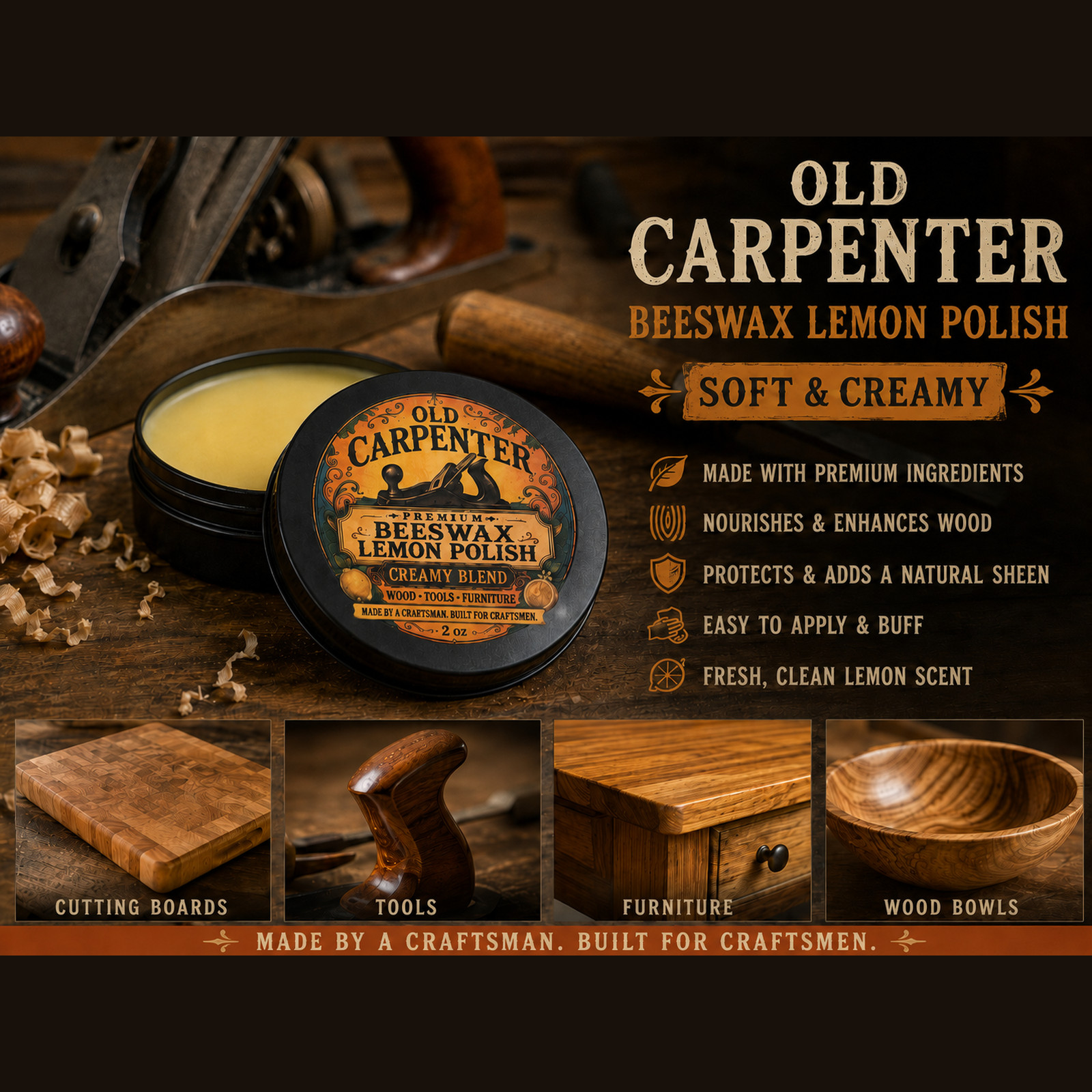 Old Carpenter Beeswax Lemon Polish 2 oz Soft Creamy Wax for Wood Tools Furniture