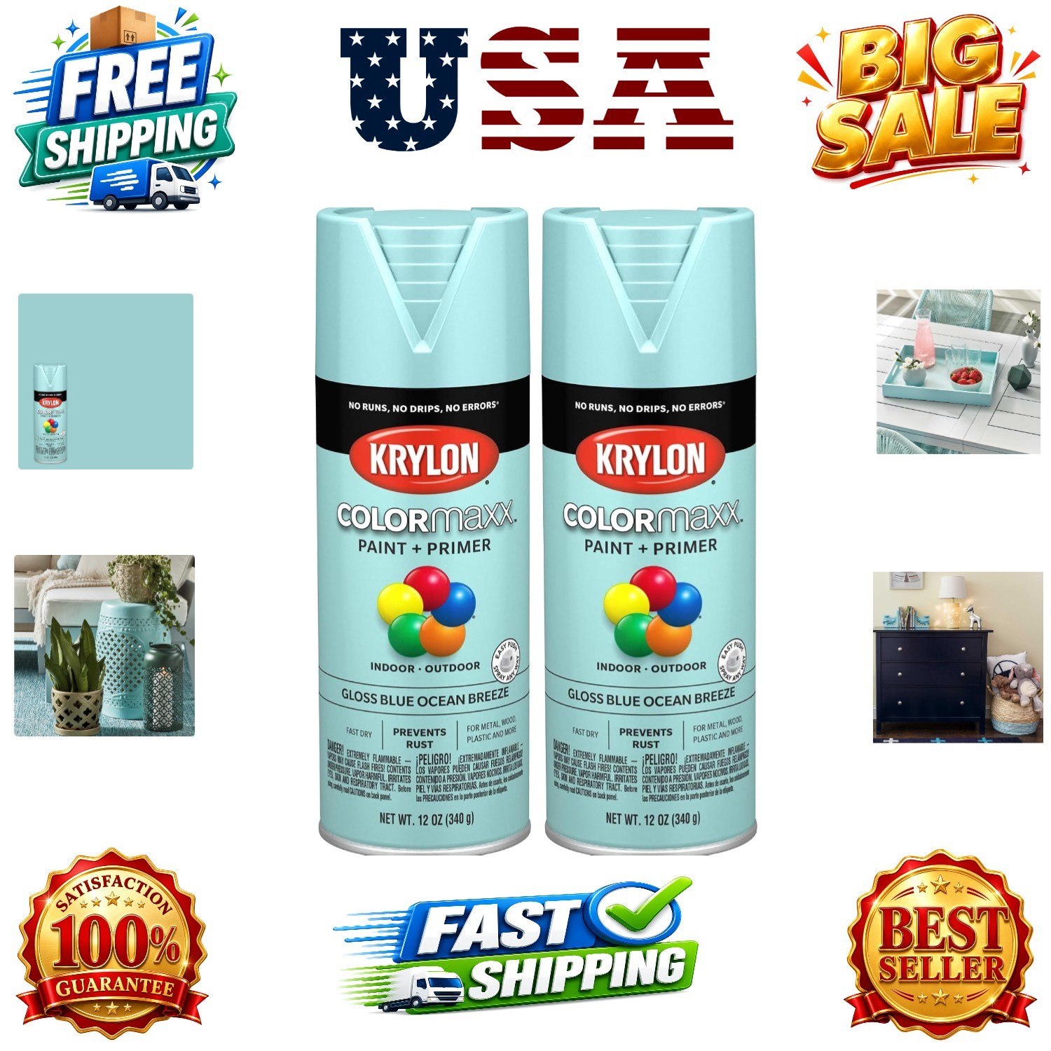 K0007 COLORmaxx Spray Paint and Primer for Indoor/Outdoor Use, Gloss Blue Oce…