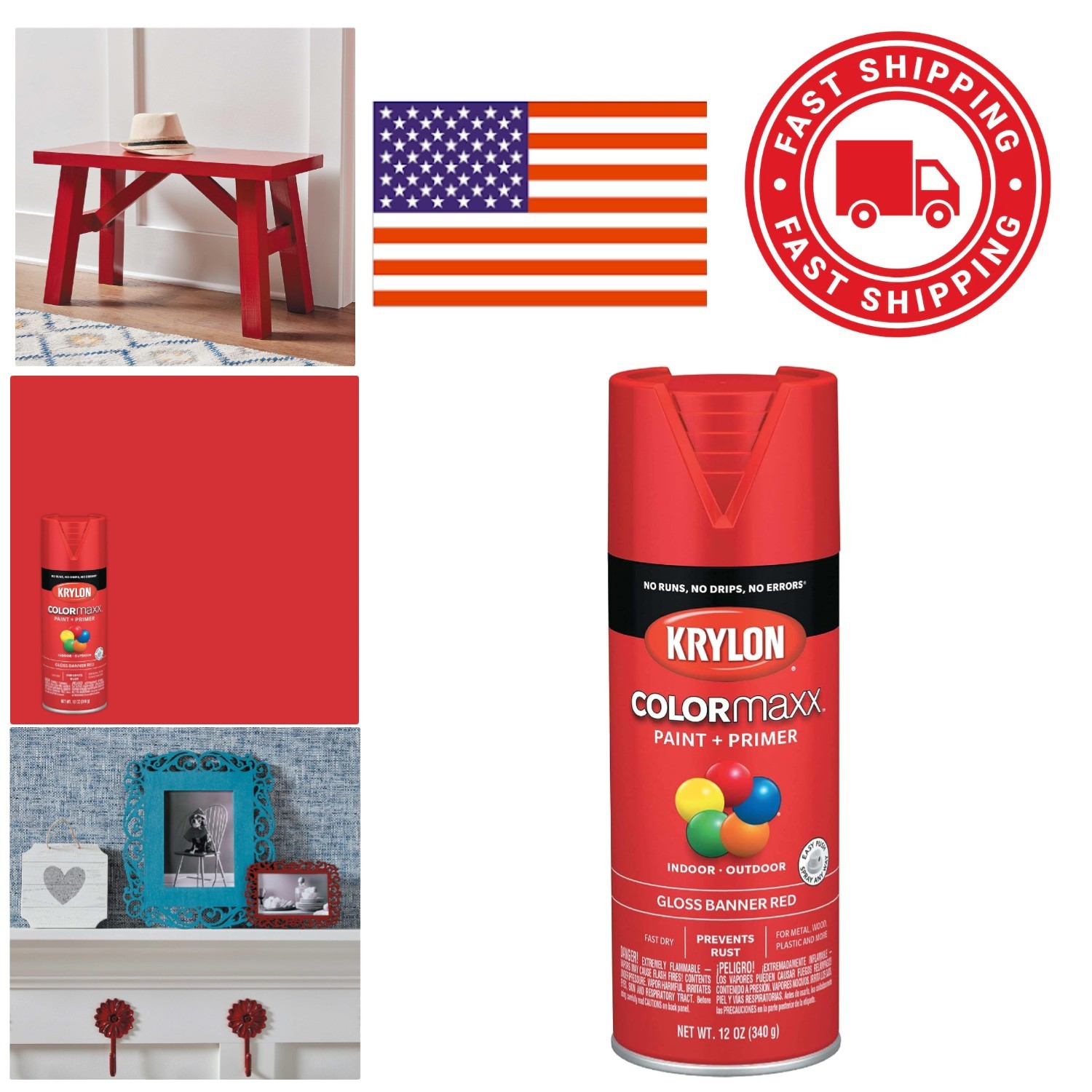 Acrylic Spray Paint and Primer 12 Ounce Gloss Banner Red for Wood Metal Plastic