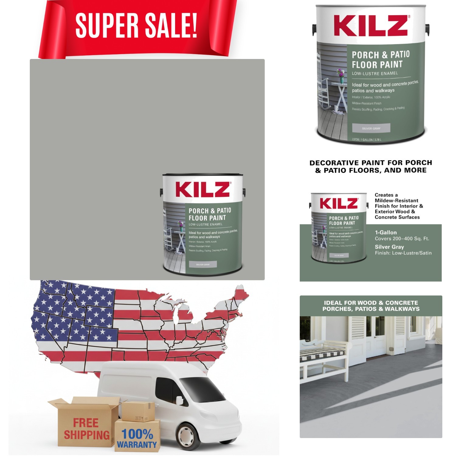 Weather-Resistant Silver Gray Latex Floor Paint for Porches & Patios – 1 Gallon