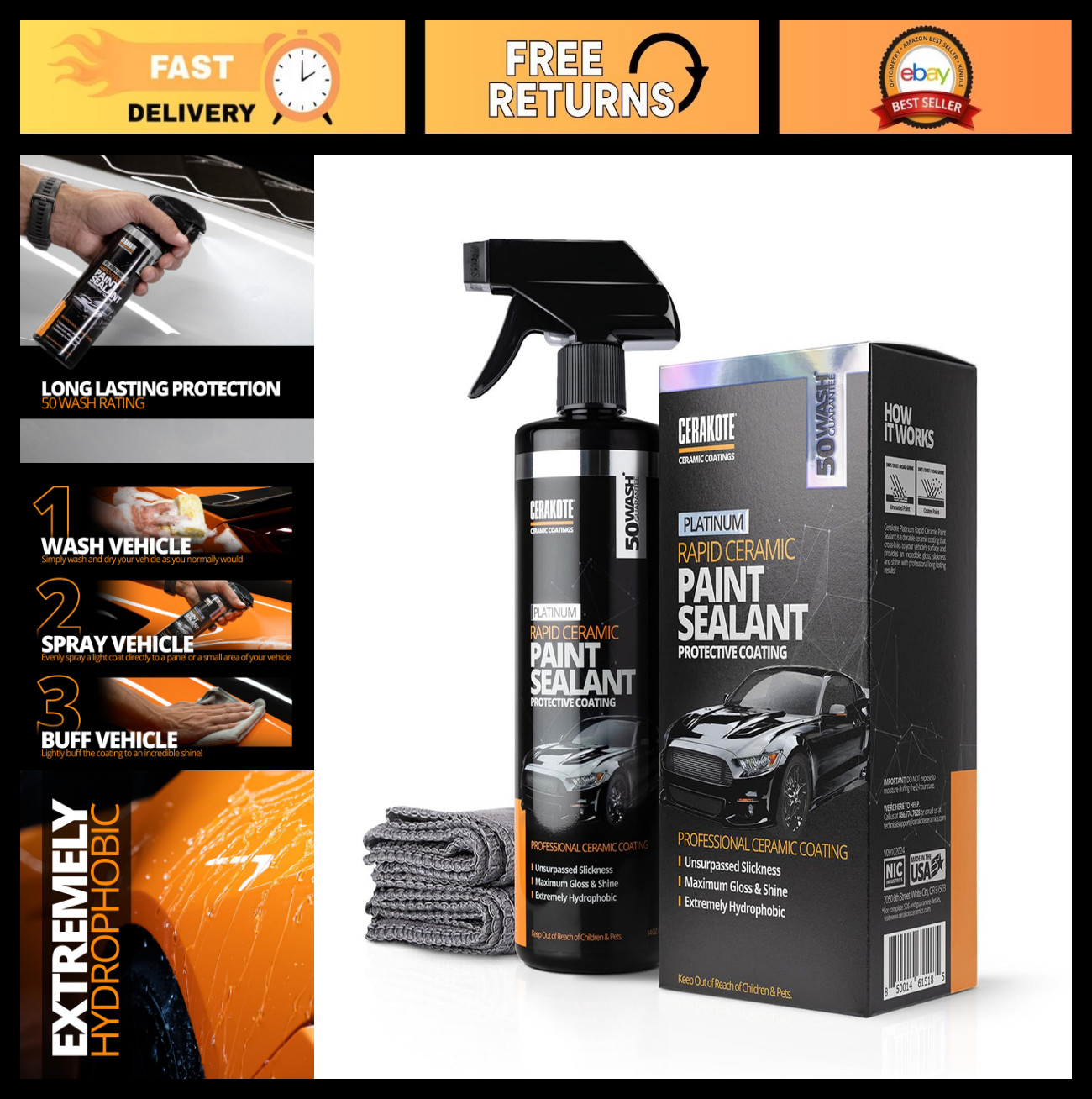 Rapid Ceramic Paint Sealant Spray – 14 oz, 50+ Wash Rating, Long-Lasting Hydroph