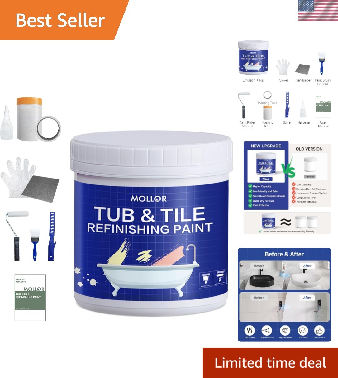 Tub and Tile Refinishing Kit with Tools, 35oz White Tile Paint Water Based & …