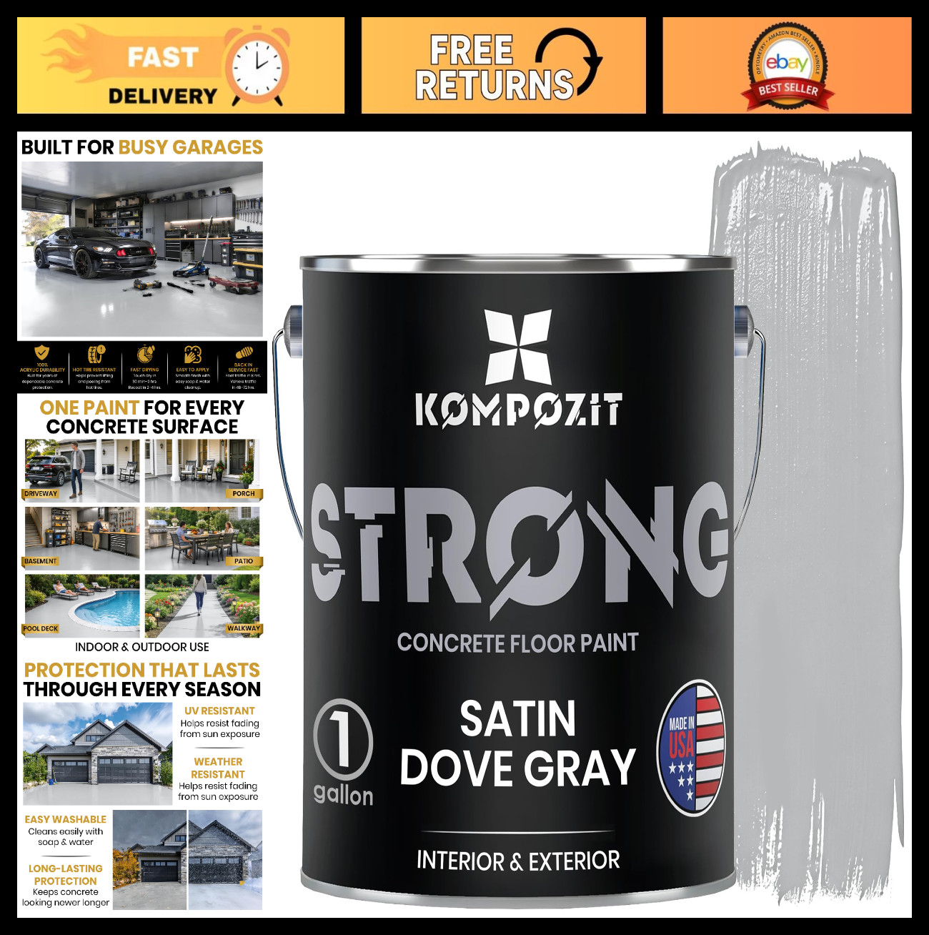 Satin Dove Gray Acrylic Concrete & Garage Floor Paint – Self-Priming, Hot Tire R