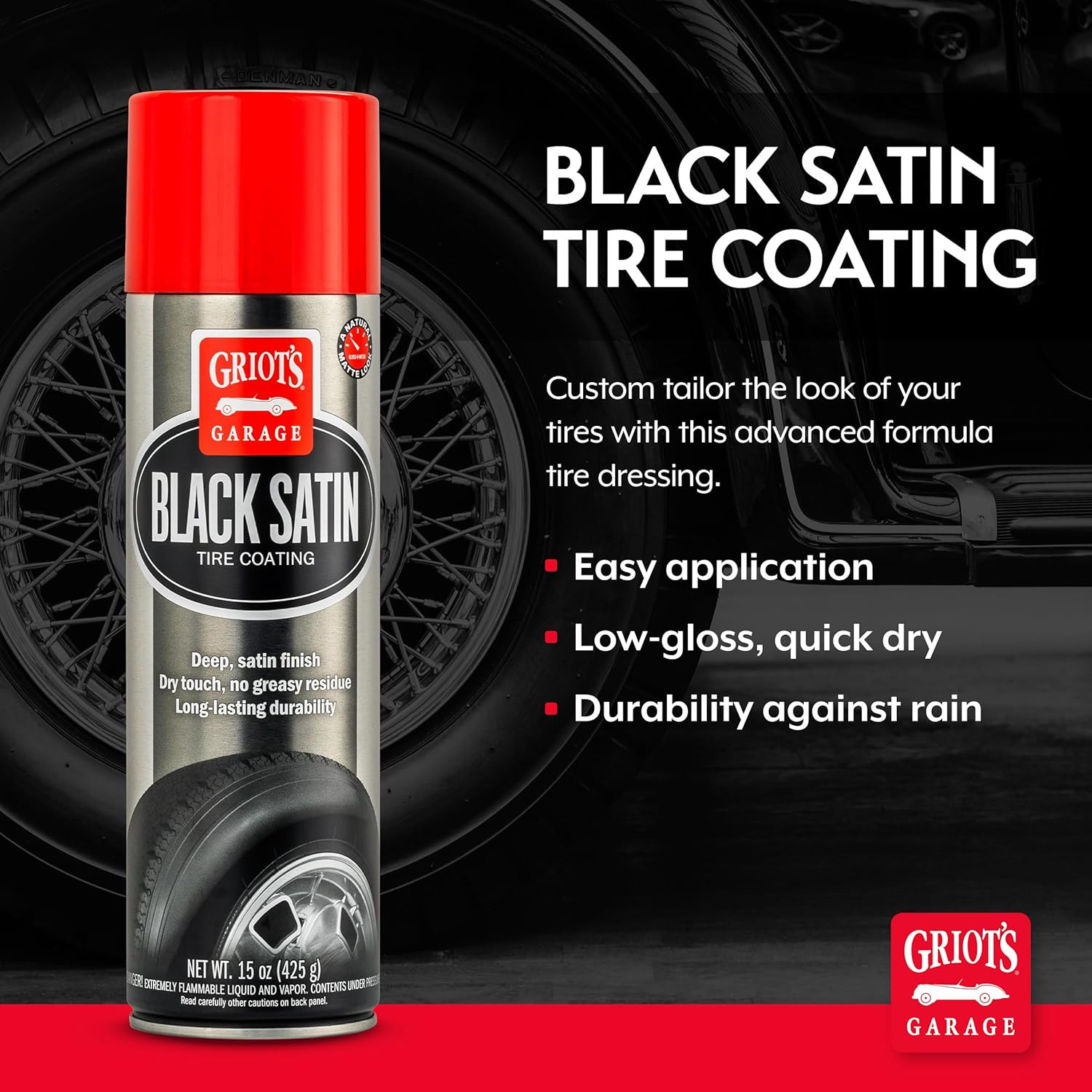 Black Satin Tire Coating, Provides a Low-Gloss, Satin Finish, Non-Greasy, Long-L