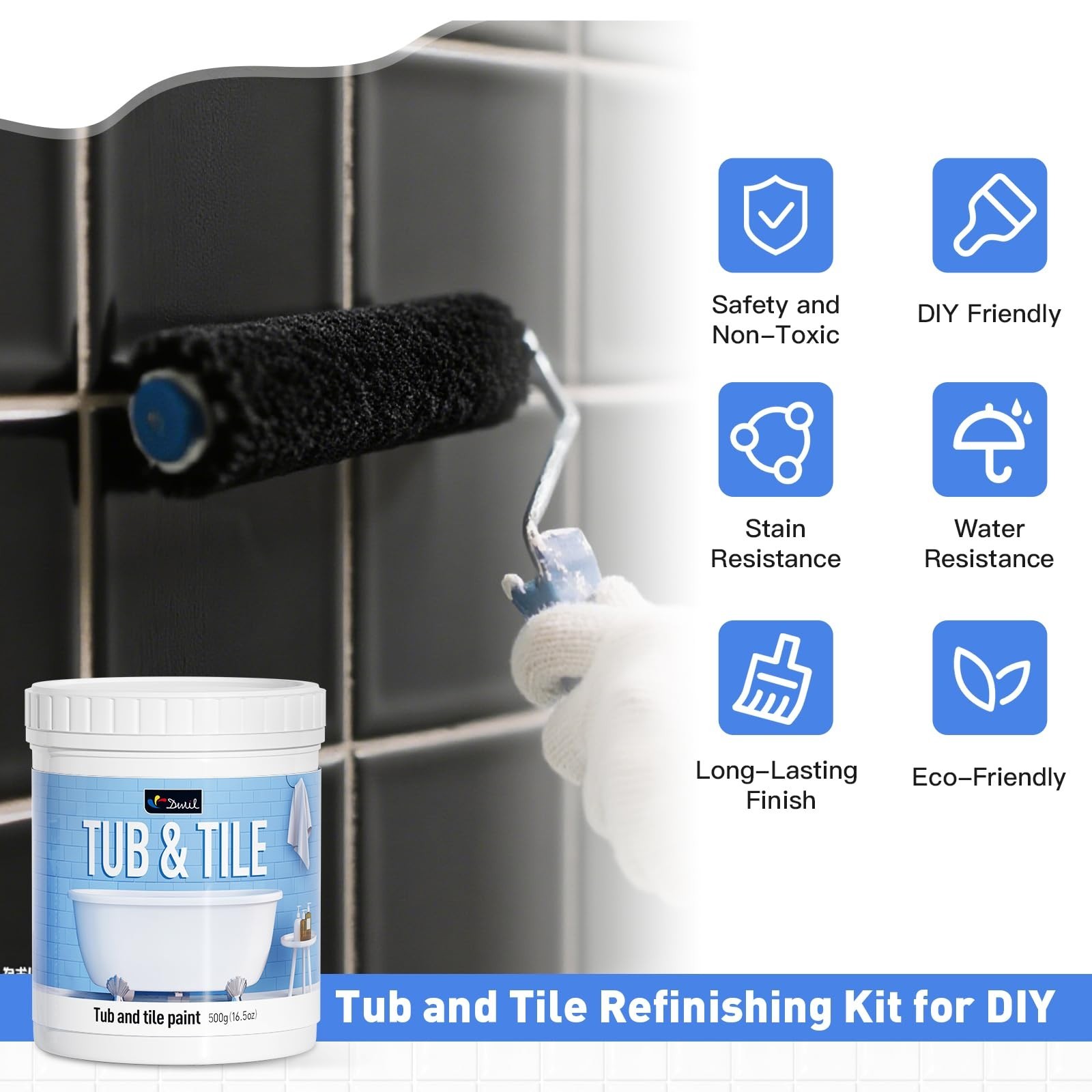 Tile Refinishing Kit with Tools – Water-Based, Low Odor Bathtub Paint, Semi-Glos