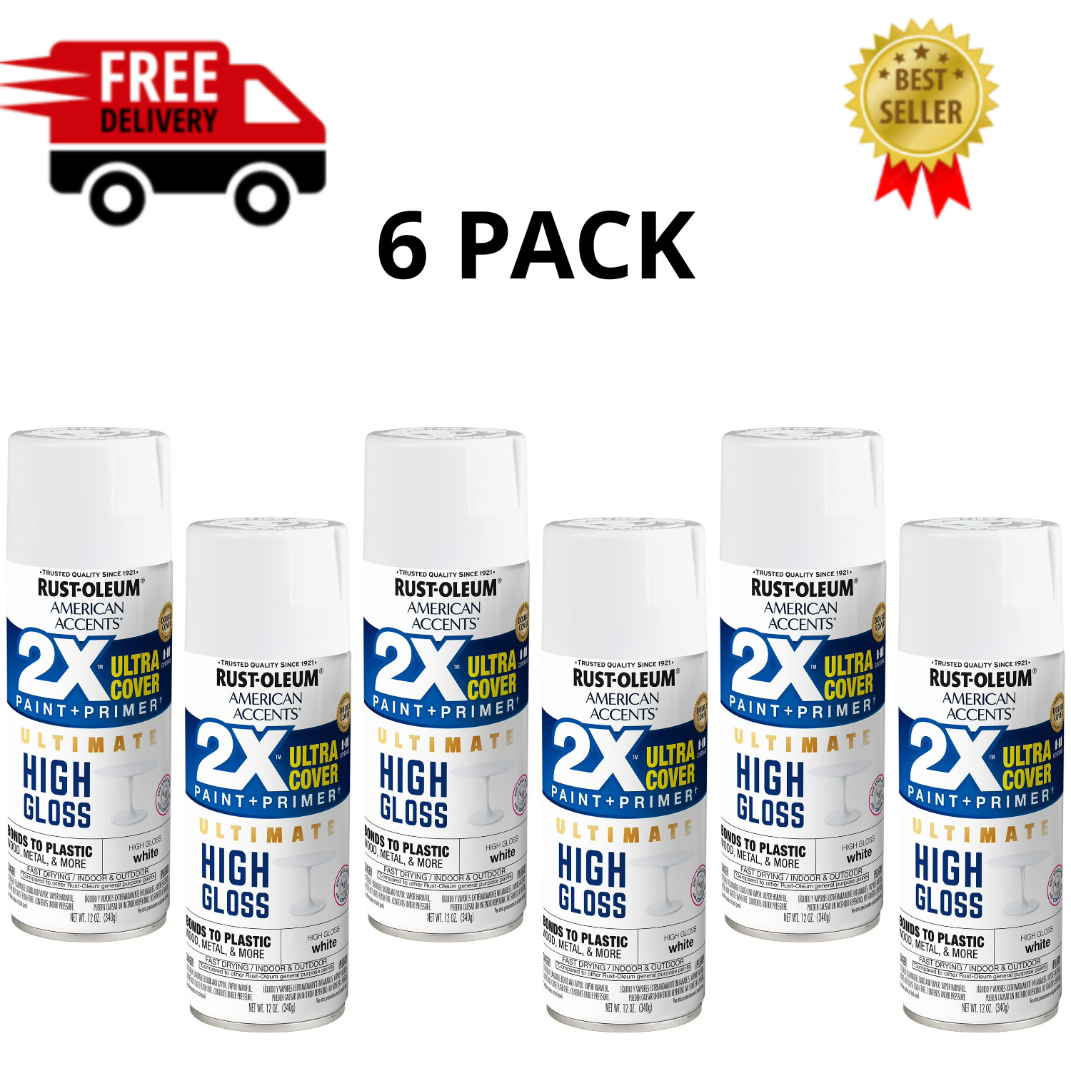Rust-Oleum American Accents 2X Ultra Cover Gloss White Spray Paint 12oz, 6 Pack
