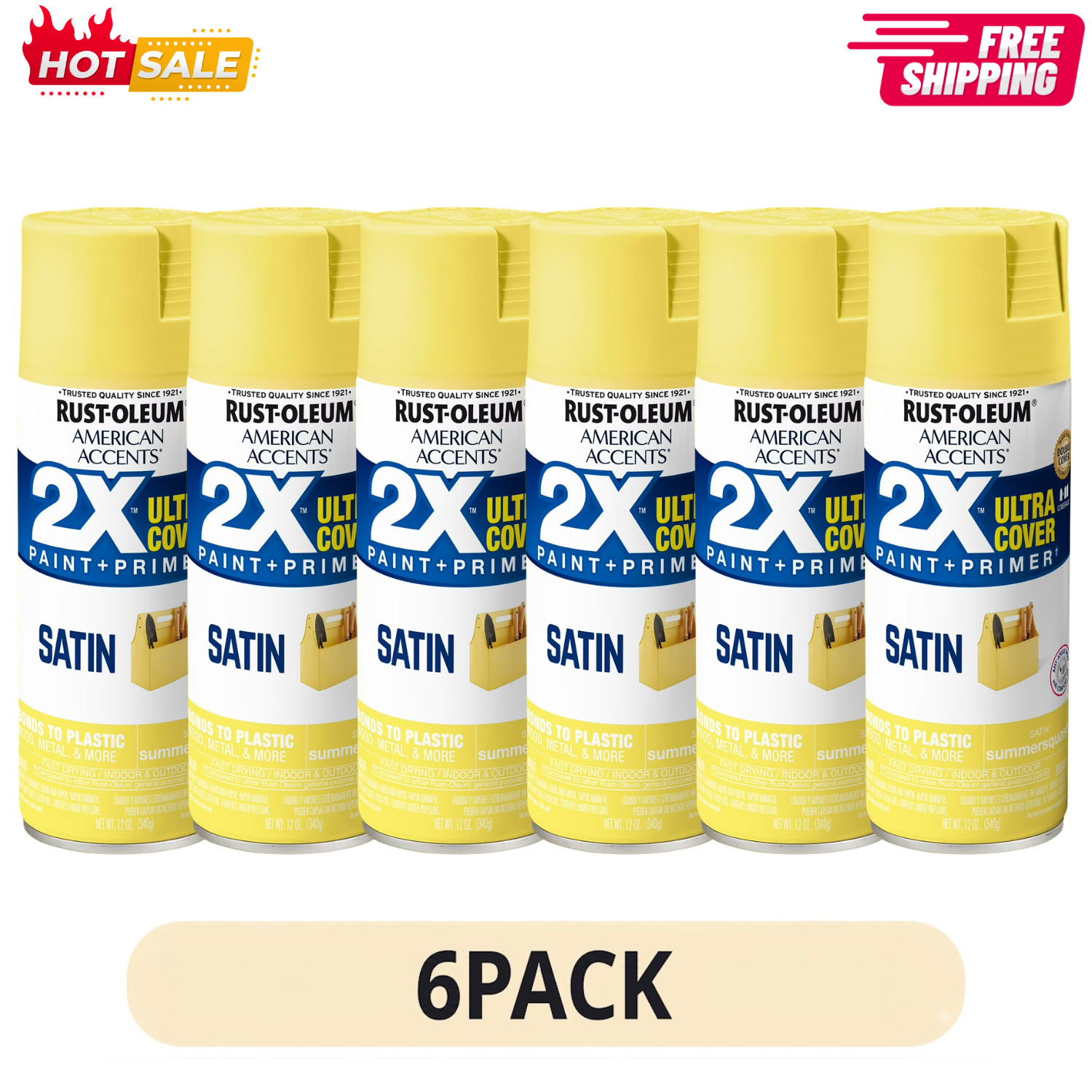 6 Pack Rust-Oleum 2X Ultra Cover Satin Spray Paint Summer Squash 12 oz Can