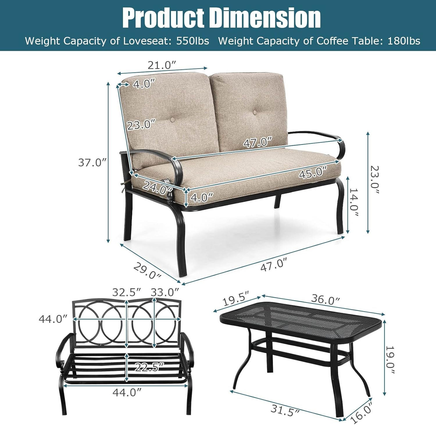 Patio Loveseat with Table Set, 2 Seat Cushioned Sofa with Coffee Table, Patio Co
