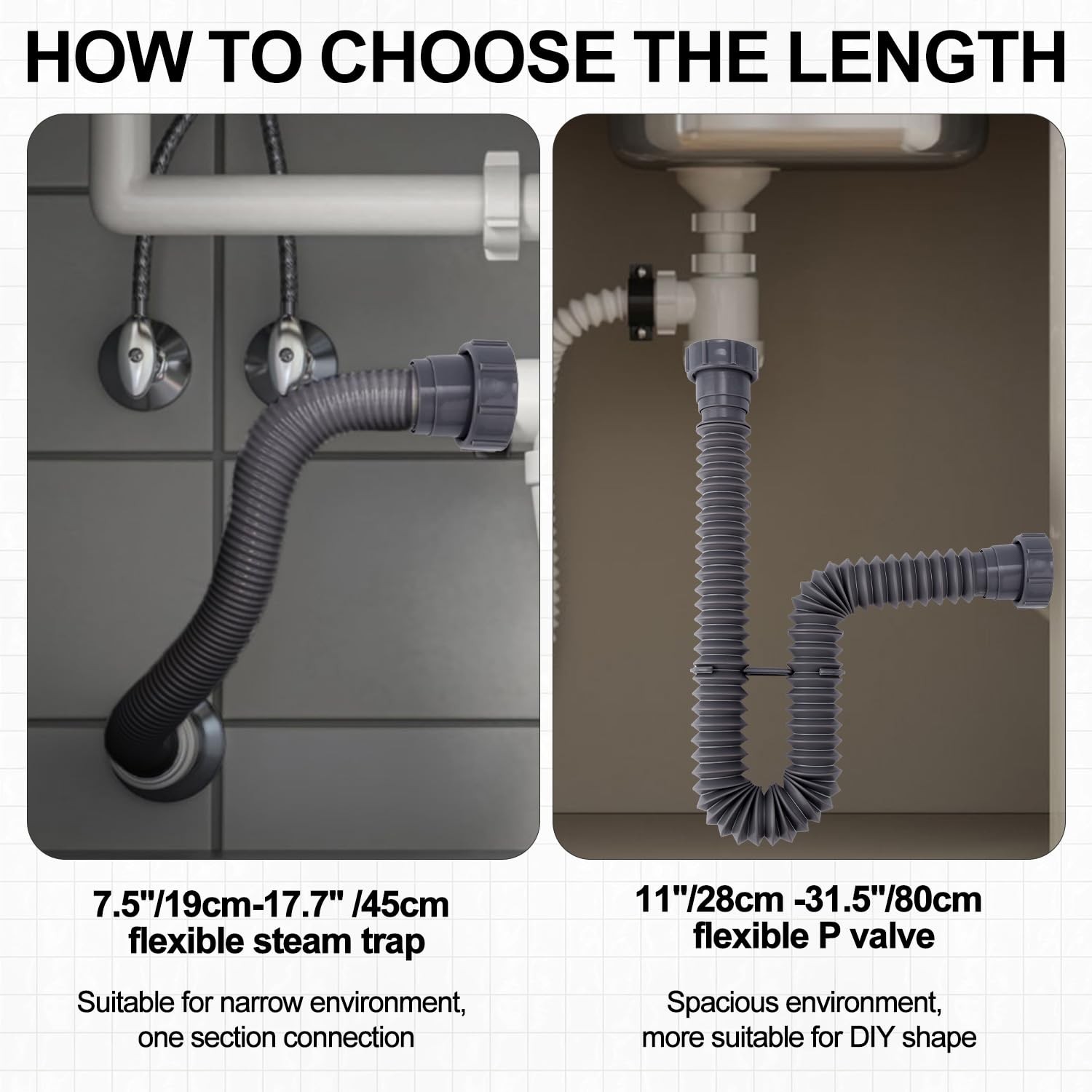 Sink Drain Kit, 1-1/2 Inch Expandable Flexible P-Trap 7.5 M, black,gray