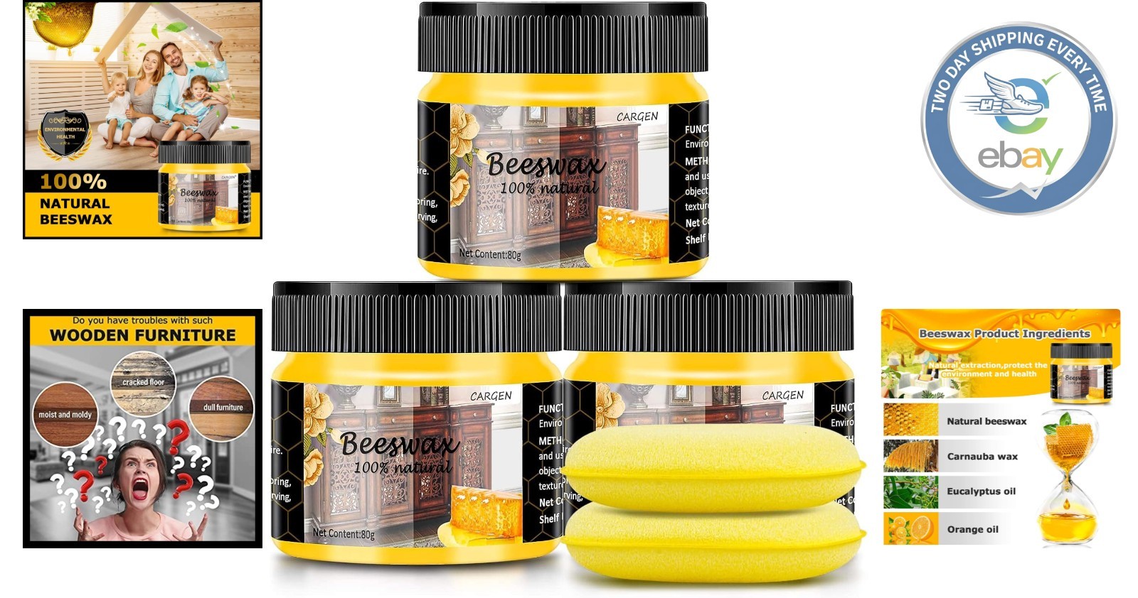 Multipurpose Beeswax Polish – 3 PCS Set with Sponges for Wood Restoration