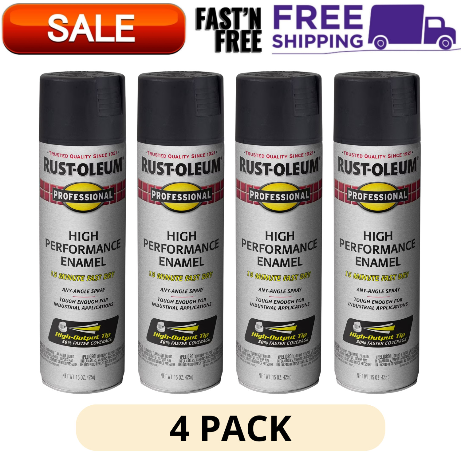 4PK Rust Oleum Professional High Performance Enamel Spray Semi Gloss Black 15 oz