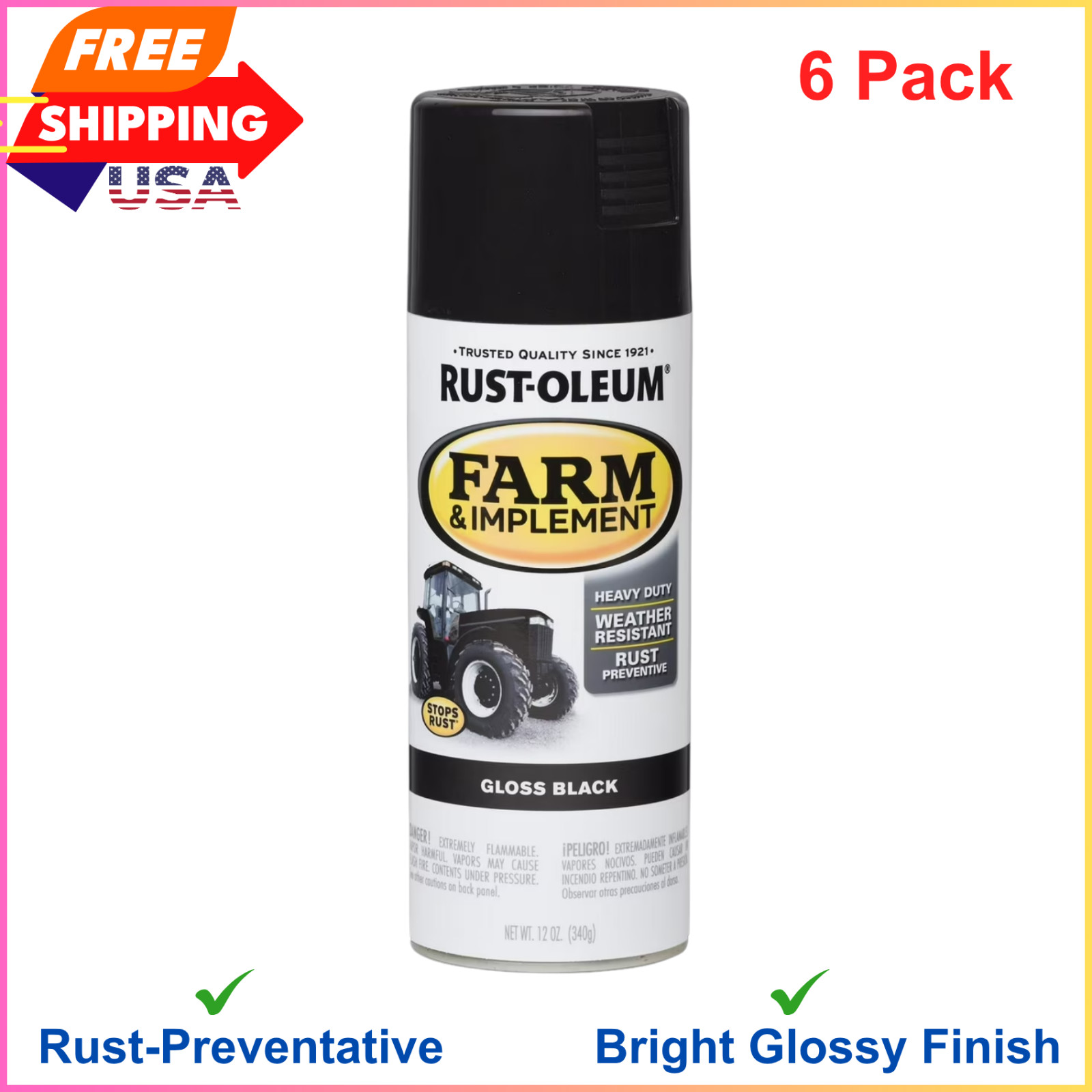 6Pack Black Rust-Oleum Specialty Farm & Implement Gloss Spray Paint-280123 12 oz