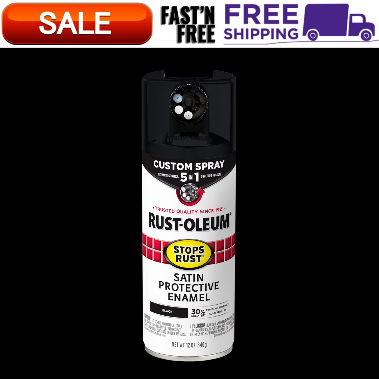 Black Rust-Oleum Stops Rust Custom Sprays 5 in 1 Satin Spray Paint-376869, 12 oz
